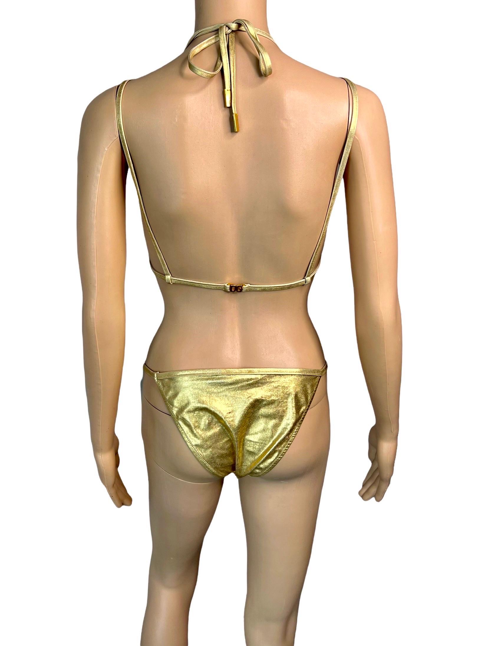 Dolce & Gabbana Vintage Gold Logo Wet Look Bikini Swimwear Swimsuit 2 Piece Set In Good Condition In Naples, FL