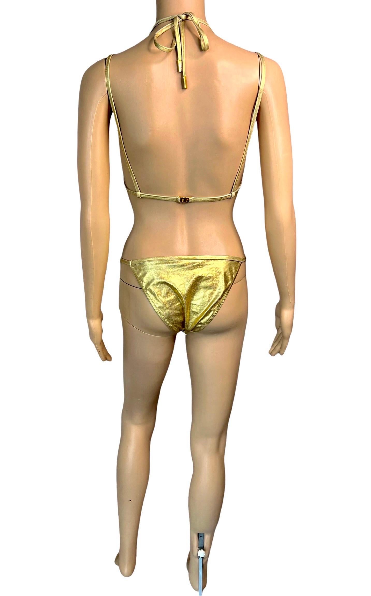 Women's Dolce & Gabbana Vintage Gold Logo Wet Look Bikini Swimwear Swimsuit 2 Piece Set