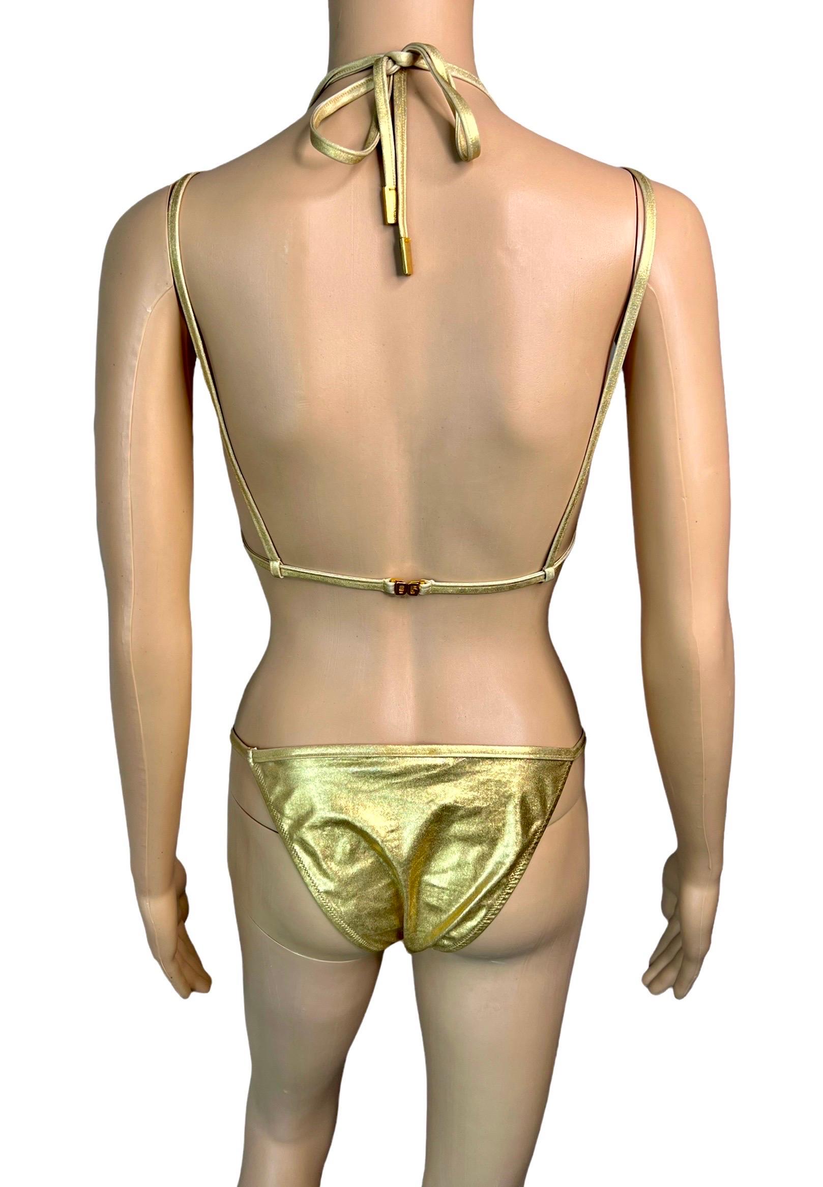Dolce & Gabbana Vintage Gold Logo Wet Look Bikini Swimwear Swimsuit 2 Piece Set 2