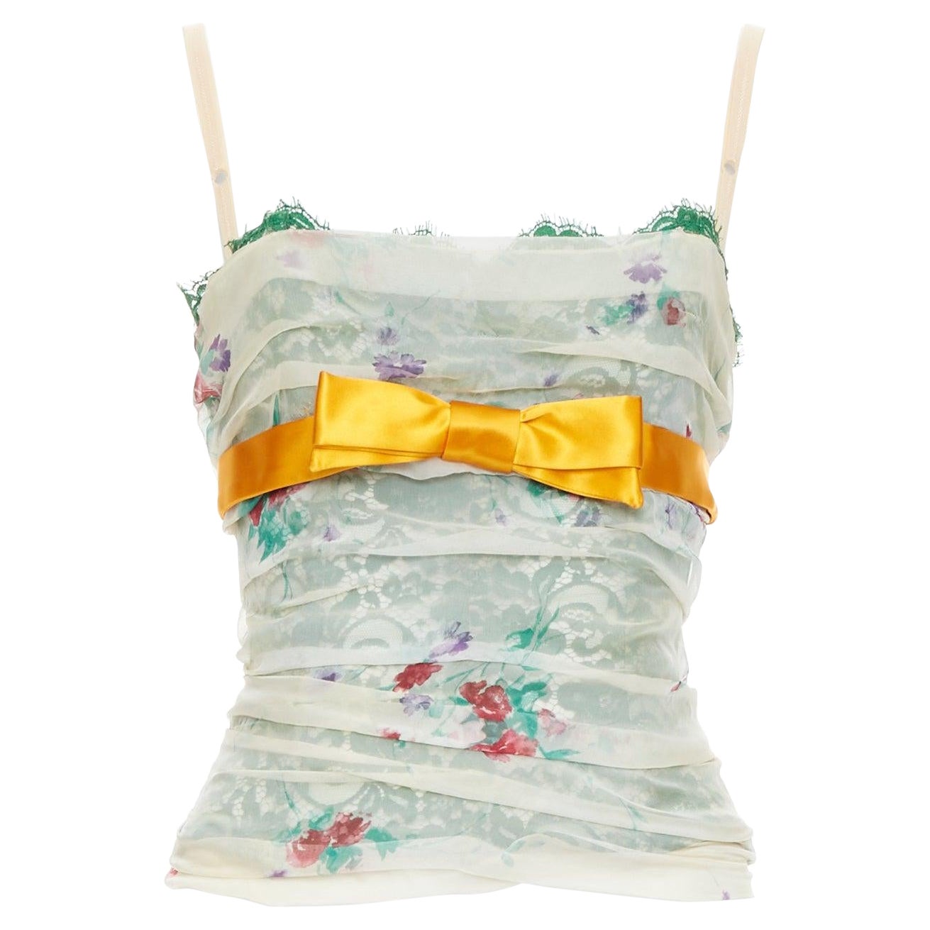 DOLCE GABBANA Vintage green lace printed floral ruched bustier top IT40 S