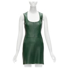 DOLCE GABBANA Vintage green leather scoop neck fitted boned mini dress IT40 S