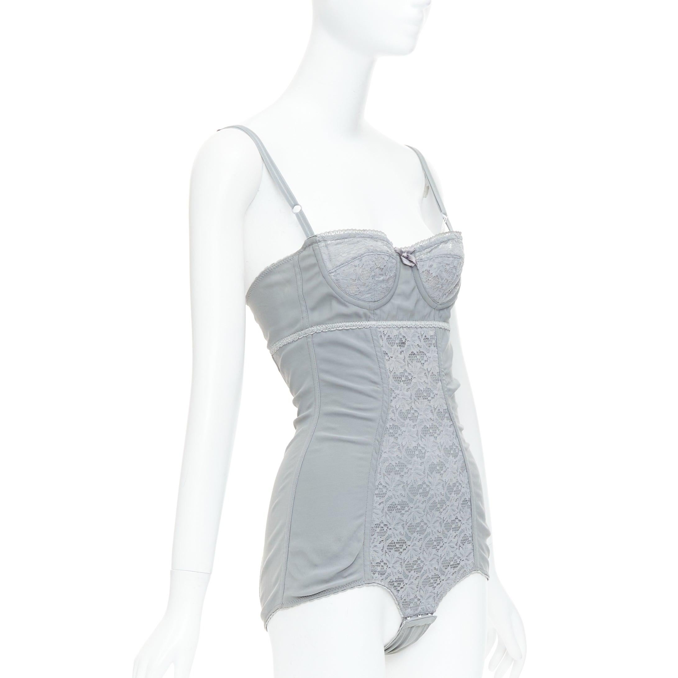 Gray DOLCE GABBANA Vintage grey bow lace fitted boned bustier bodysuit top IT38 XS For Sale
