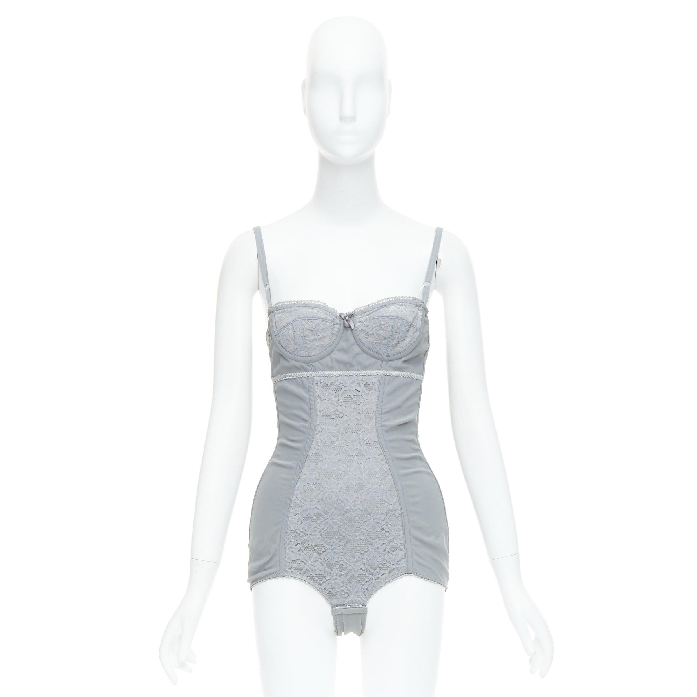 DOLCE GABBANA Vintage grey bow lace fitted boned bustier bodysuit top IT38 XS For Sale 4