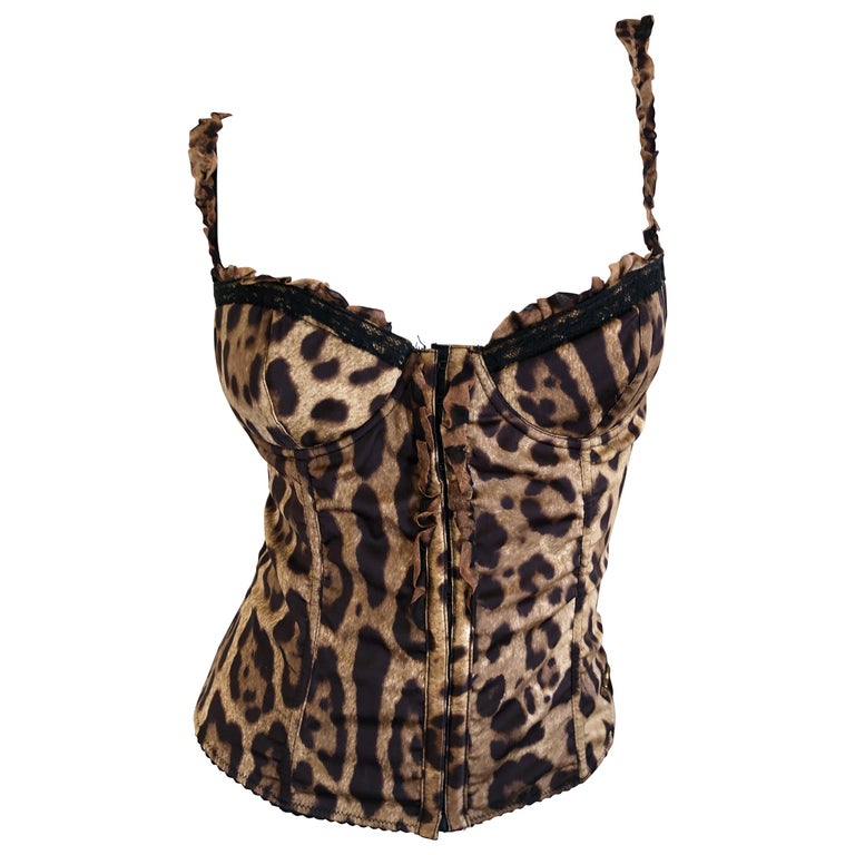 Dolce and Gabbana Vintage Lace Trimmed Leopard Print Corset Top at