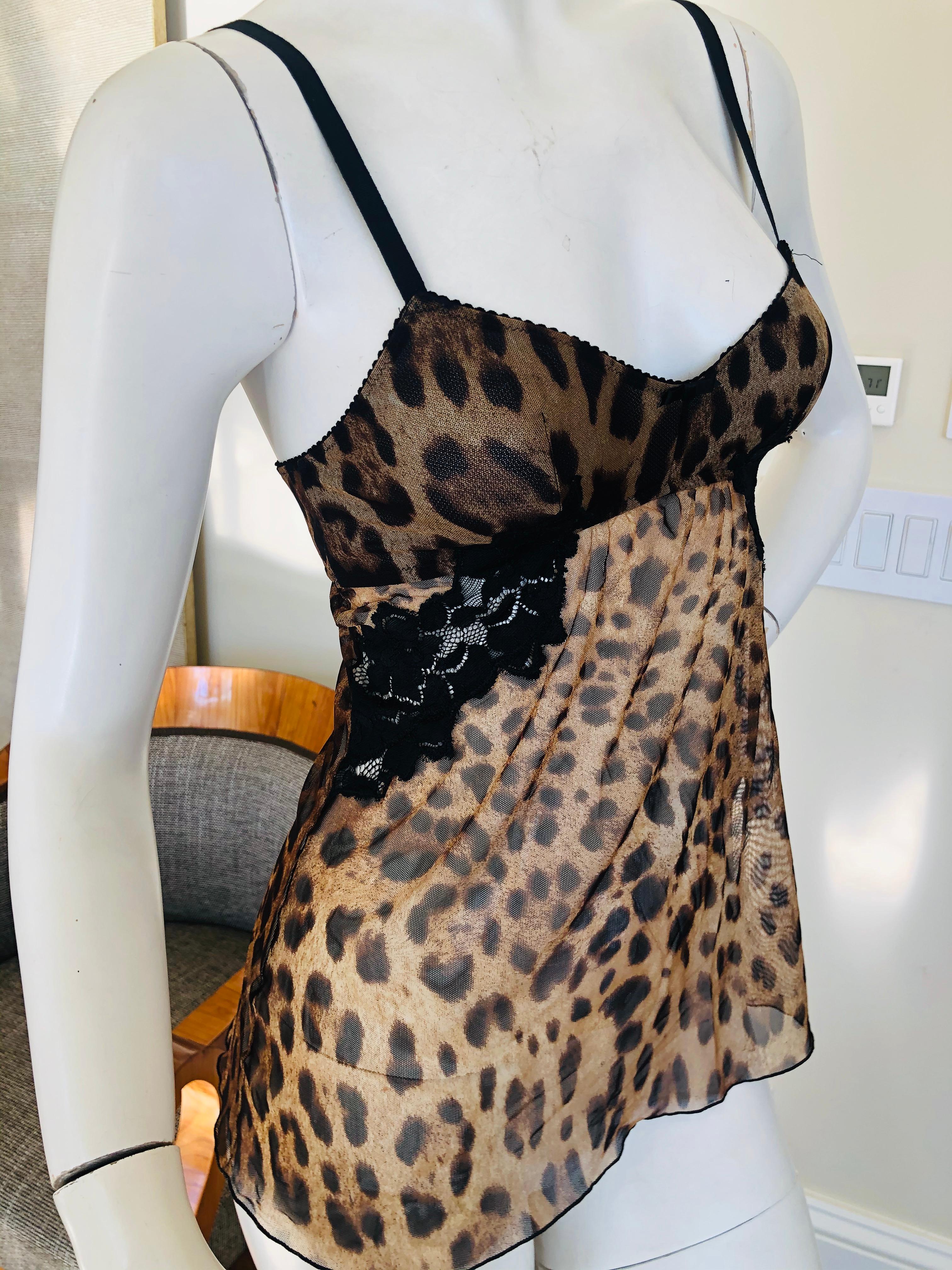 Black Dolce & Gabbana Vintage Lace Trimmed Leopard Print Negligee Top For Sale