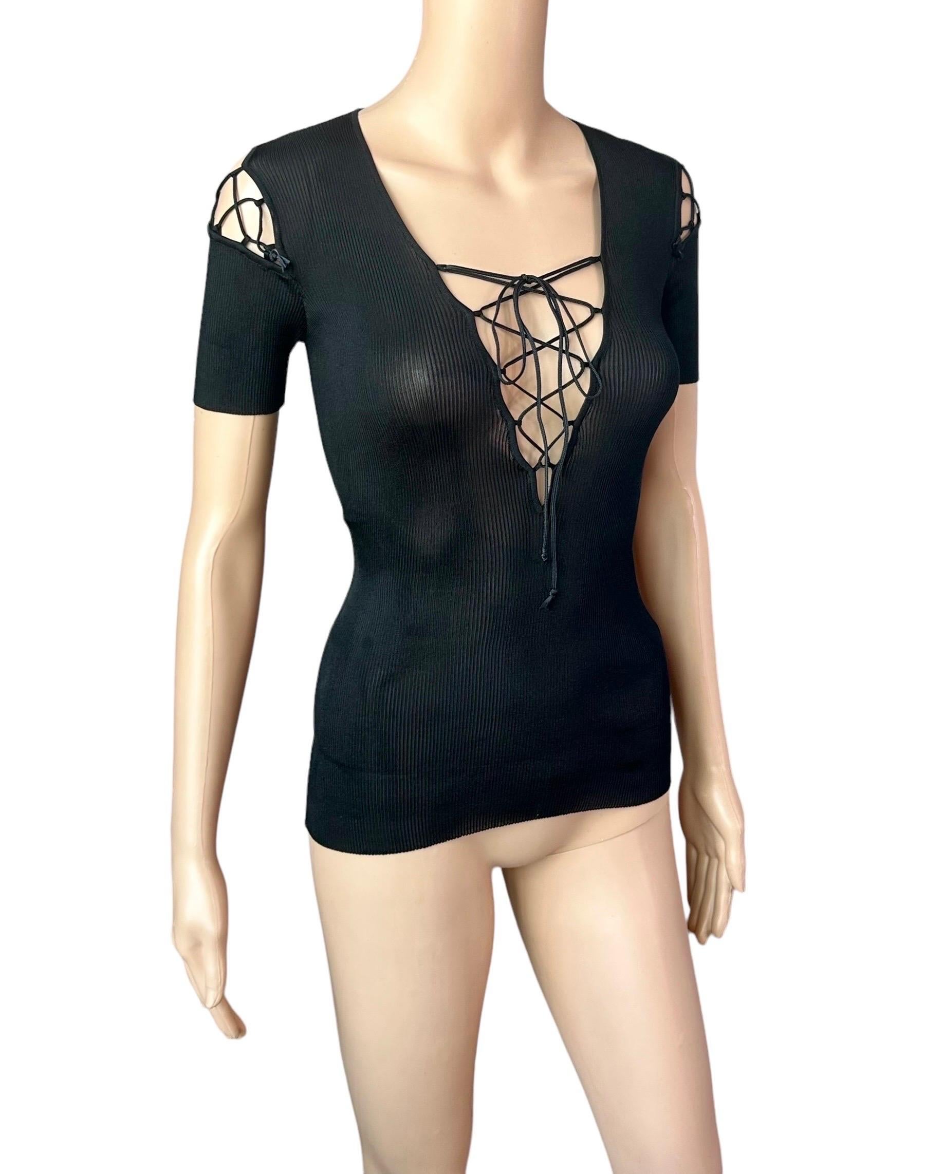 Dolce & Gabbana Vintage Lace Up Cutout Semi-Sheer Knit Black Top
