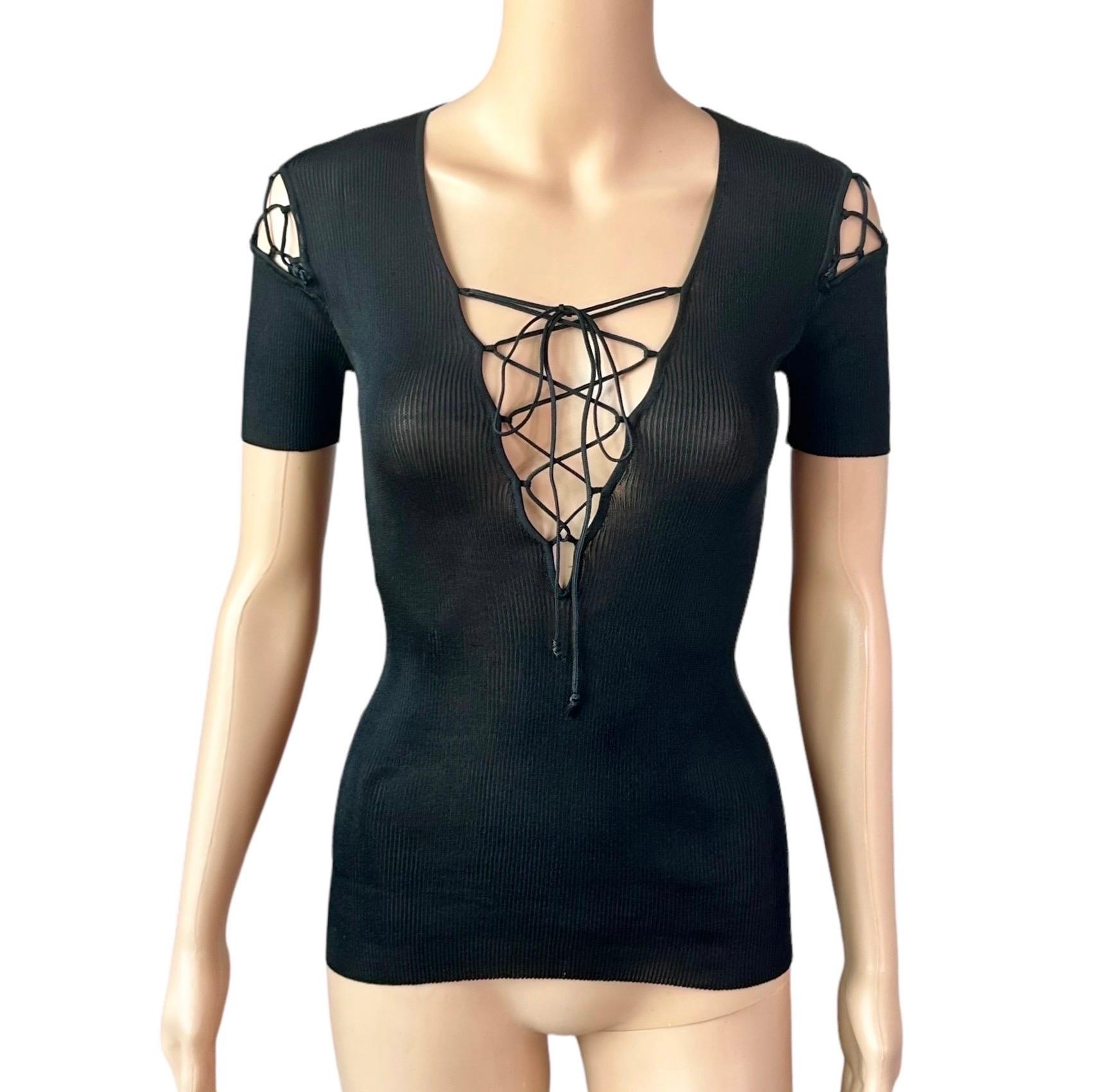 Dolce & Gabbana Vintage Lace Up Cutout Semi-Sheer Knit Black Top (Schwarz) im Angebot