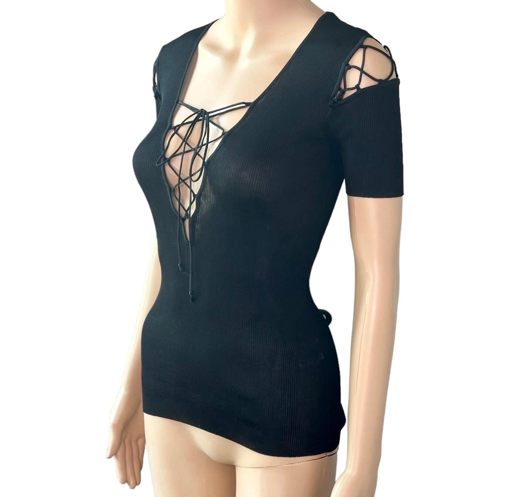 Dolce & Gabbana Vintage Lace Up Cutout Semi-Sheer Knit Black Top Damen im Angebot