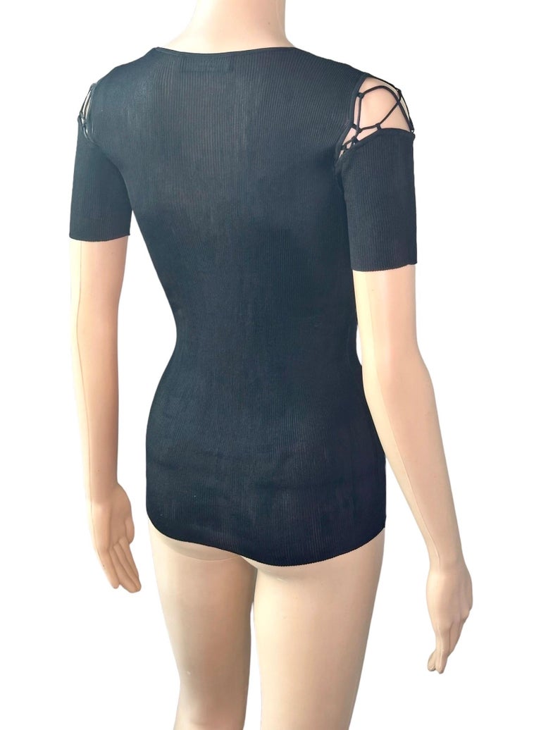 Dolce and Gabbana Vintage Lace Up Cutout Semi-Sheer Knit Black Top 