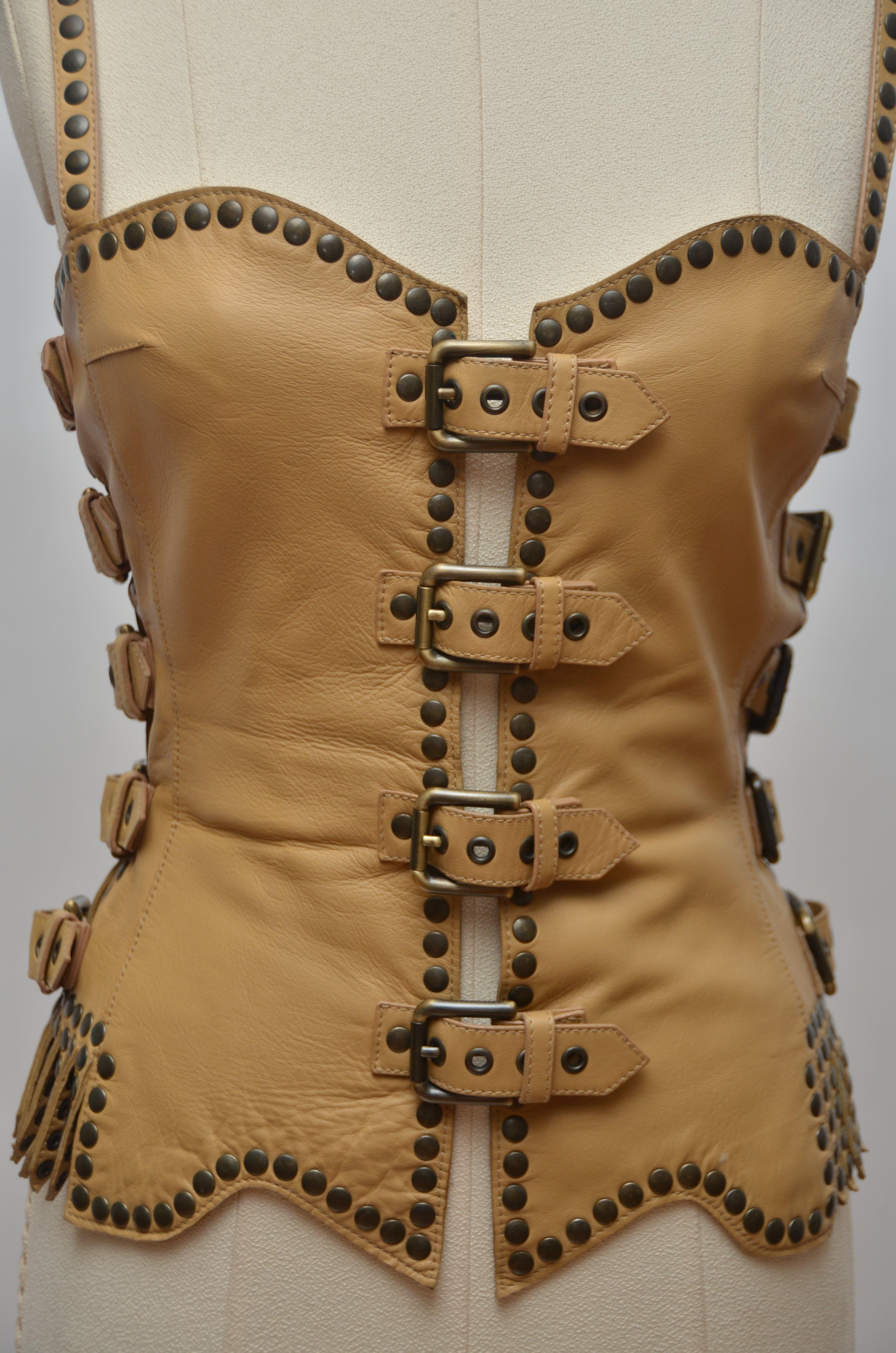 Beige DOLCE & GABBANA Vintage Leather Studded  Corset Top 2003 SEX Collection