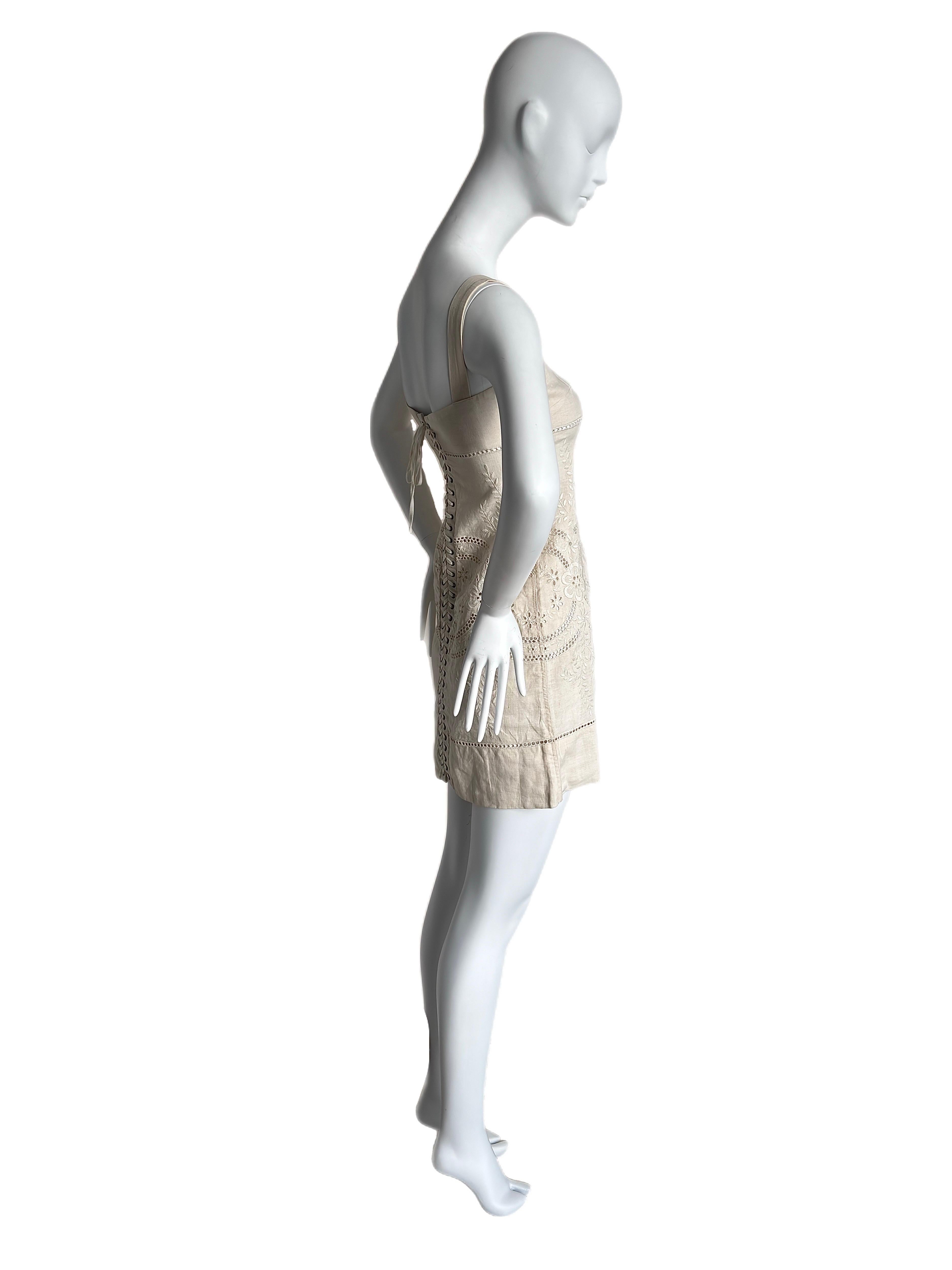 Gray DOLCE & GABBANA Vintage Linen Eyelet Lace-Up Mini Dress Corset Back For Sale