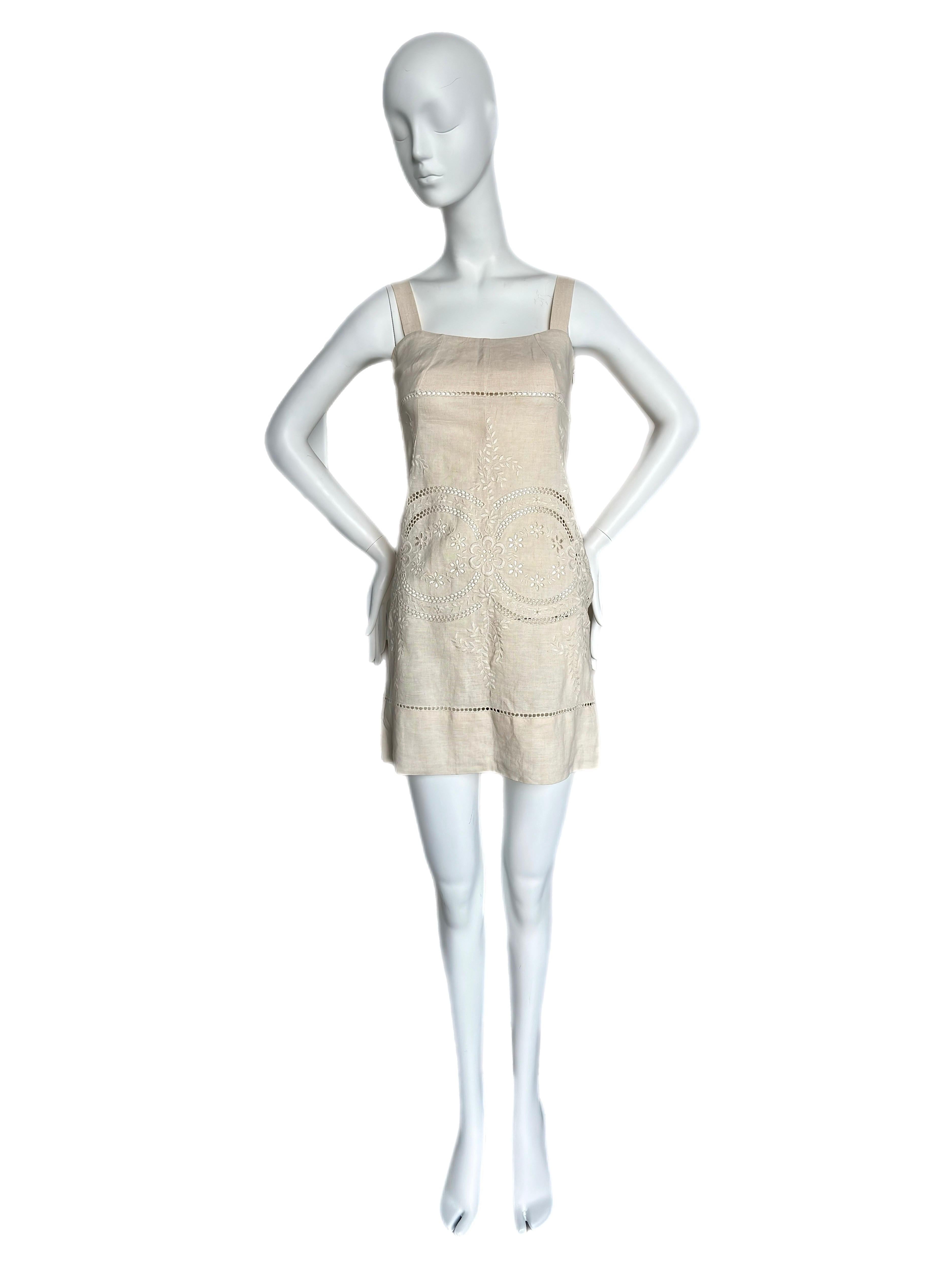DOLCE & GABBANA Vintage Linen Eyelet Lace-Up Mini Dress Corset Back In Excellent Condition For Sale In Leonardo, NJ