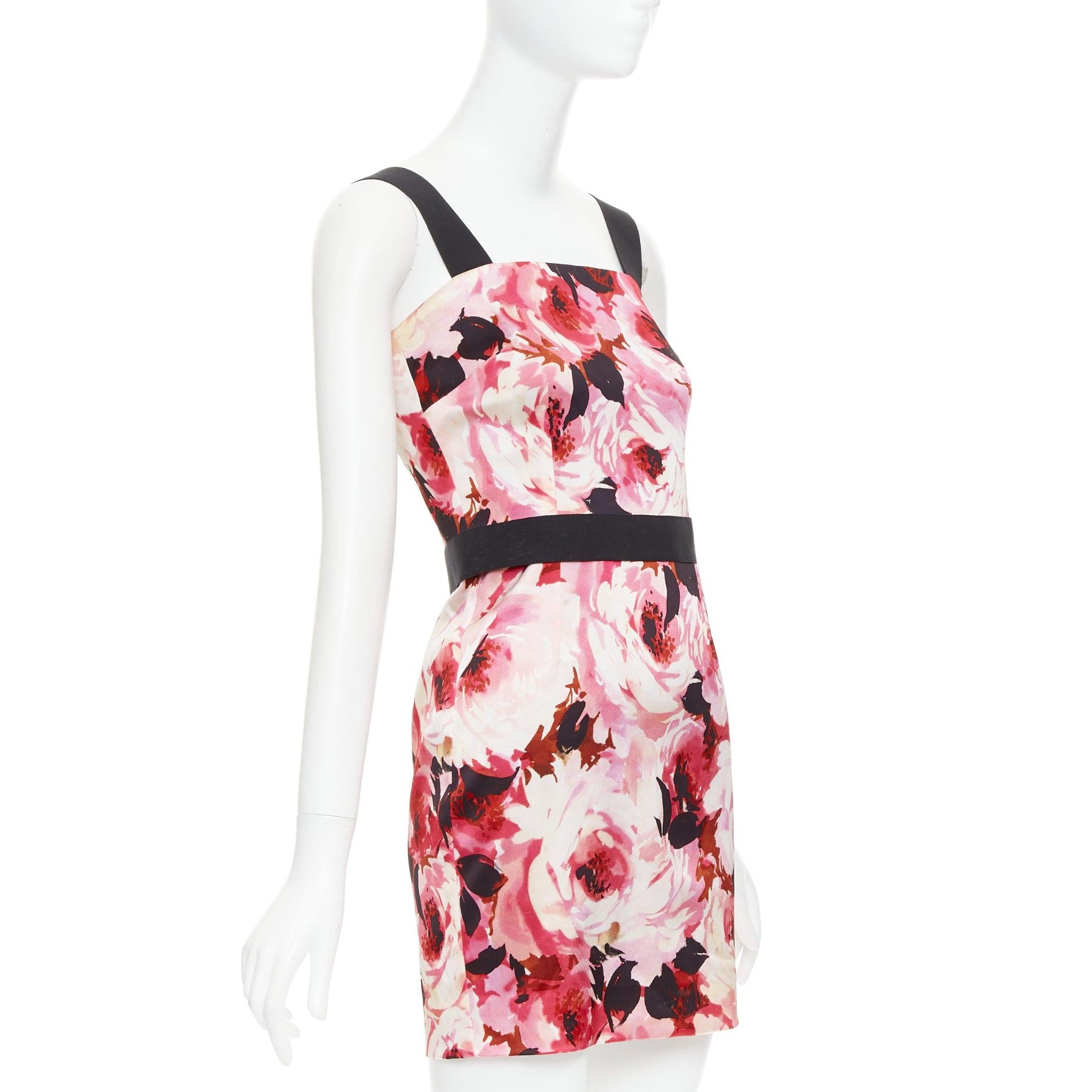 Beige DOLCE GABBANA Vintage pink rose peonies floral black strap mini dress IT40 S For Sale