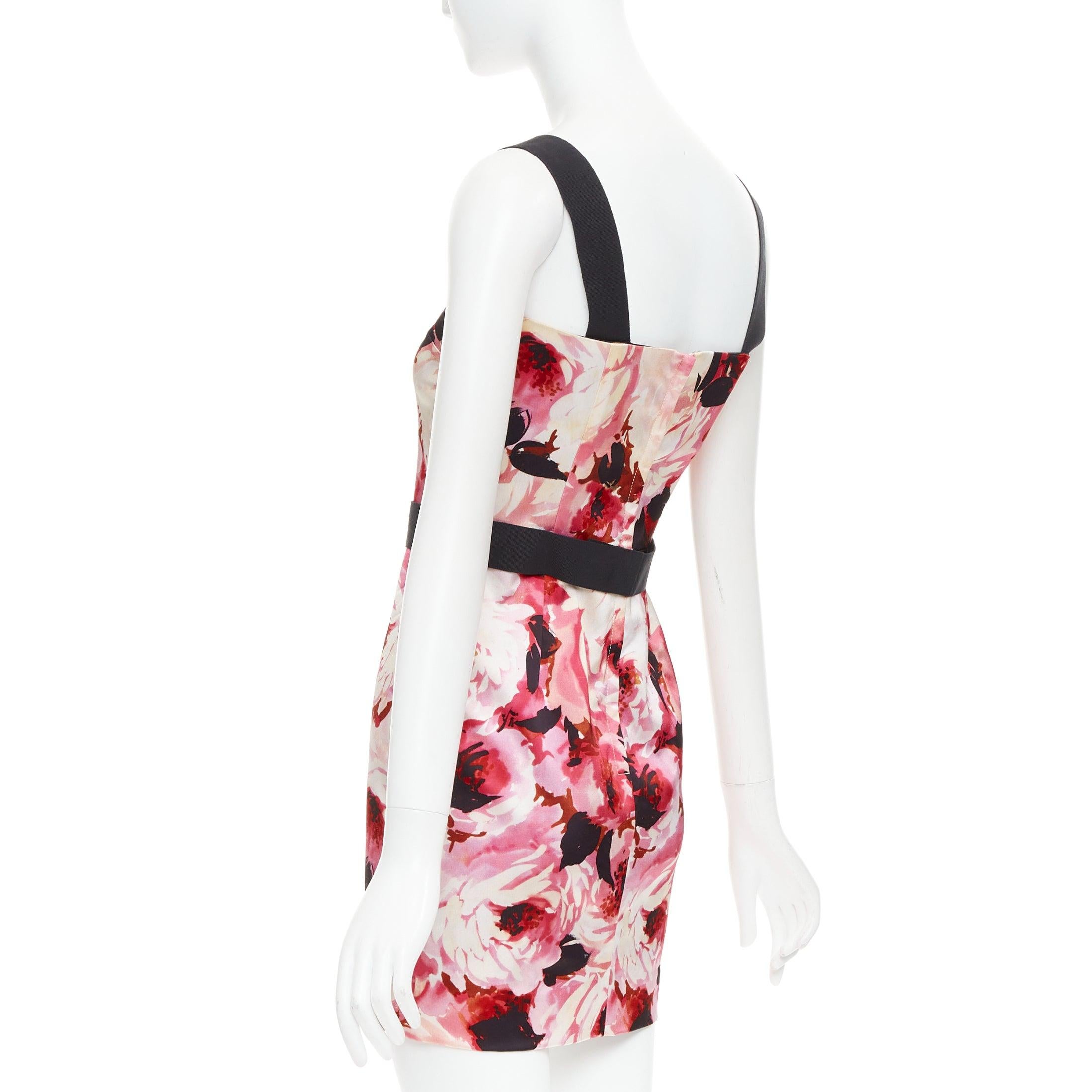 DOLCE GABBANA Vintage pink rose peonies floral black strap mini dress IT40 S For Sale 1