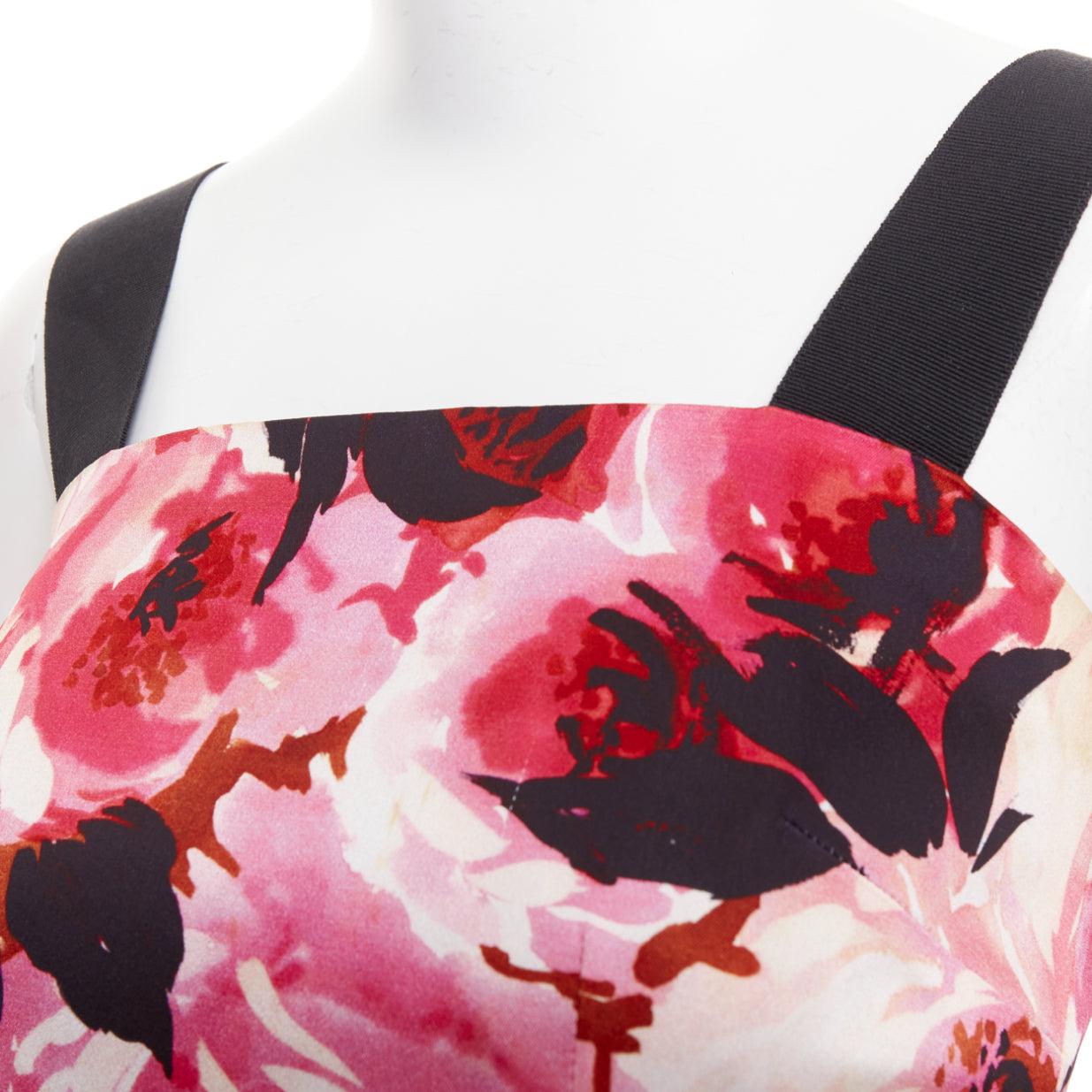 DOLCE GABBANA Vintage pink rose peonies floral black strap mini dress IT40 S For Sale 2