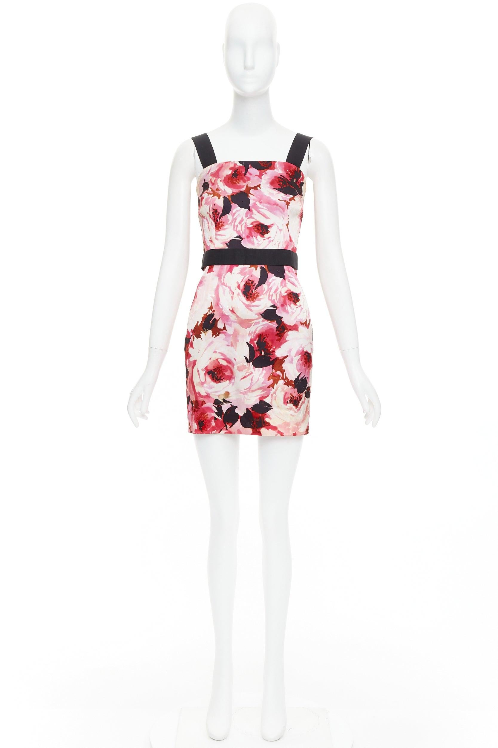DOLCE GABBANA Vintage pink rose peonies floral black strap mini dress IT40 S For Sale 4