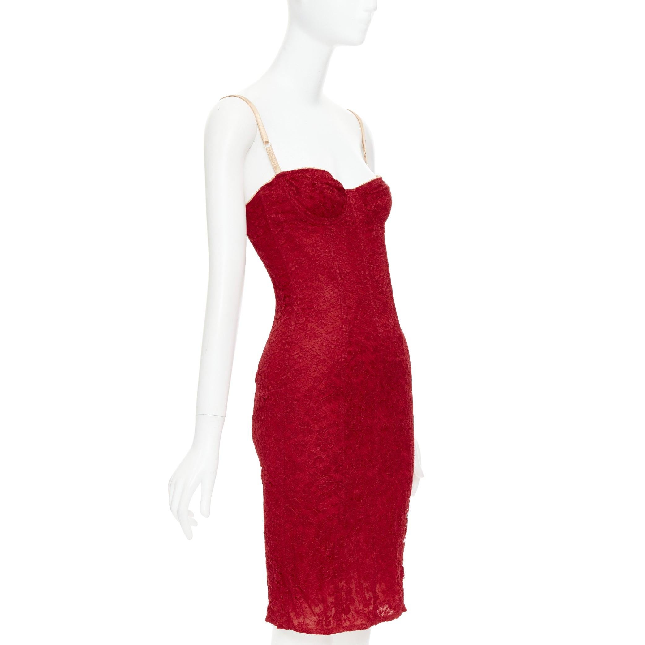 Red DOLCE GABBANA Vintage red floral lace nude straps body con boudoir dress IT38 XS For Sale