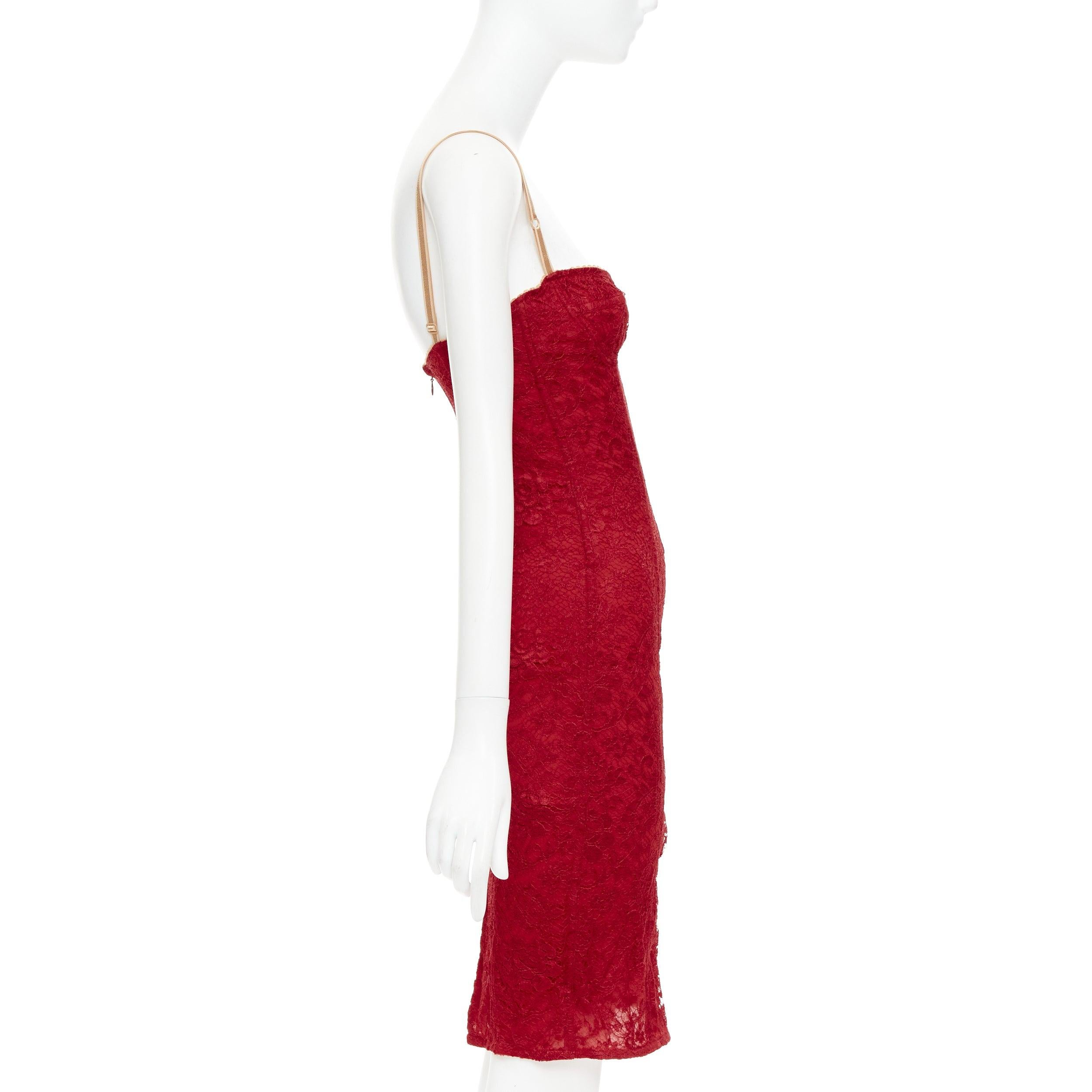 DOLCE GABBANA Vintage red floral lace nude straps body con boudoir dress IT38 XS In Excellent Condition For Sale In Hong Kong, NT
