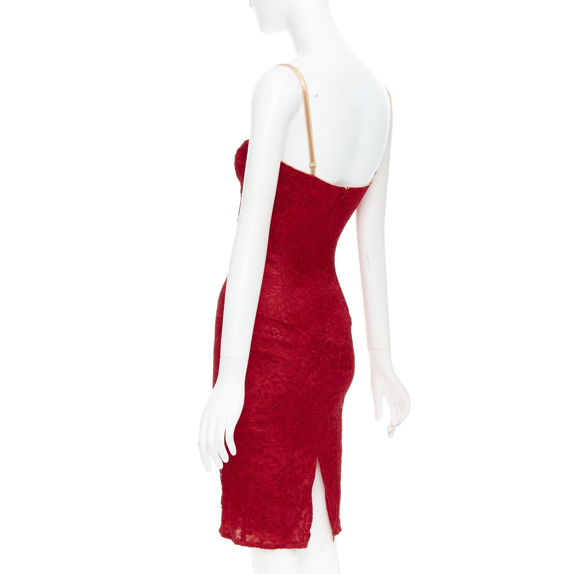 DOLCE GABBANA Vintage red floral lace nude straps body con boudoir dress IT38 XS For Sale 1