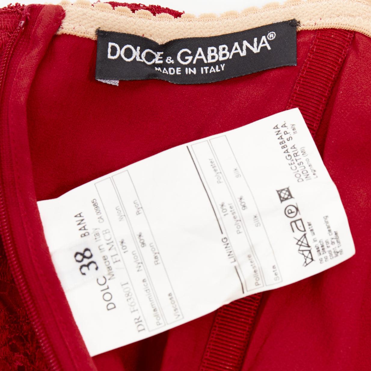DOLCE GABBANA Vintage red floral lace nude straps body con boudoir dress IT38 XS For Sale 3