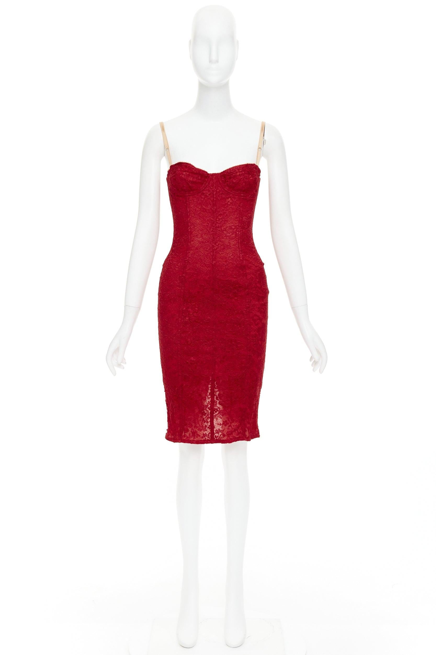 DOLCE GABBANA Vintage red floral lace nude straps body con boudoir dress IT38 XS For Sale 4