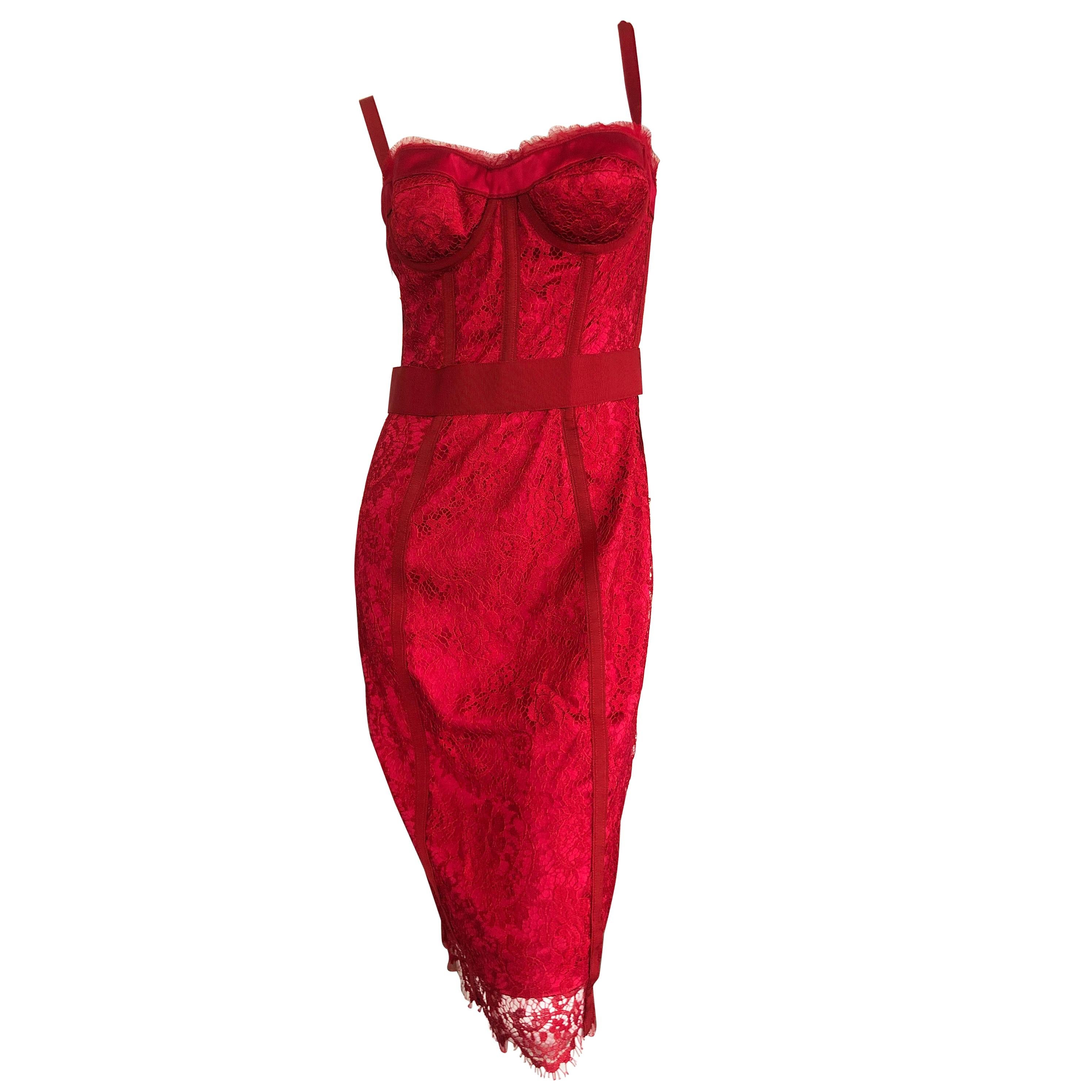 Dolce and Gabbana Vintage Red Lace Corset Cocktail Dress For Sale at ...