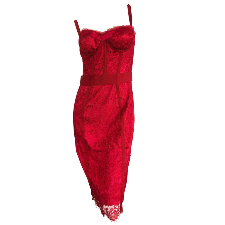 Dolce and Gabbana Vintage Red Lace Corset Cocktail Dress For Sale at 1stDibs