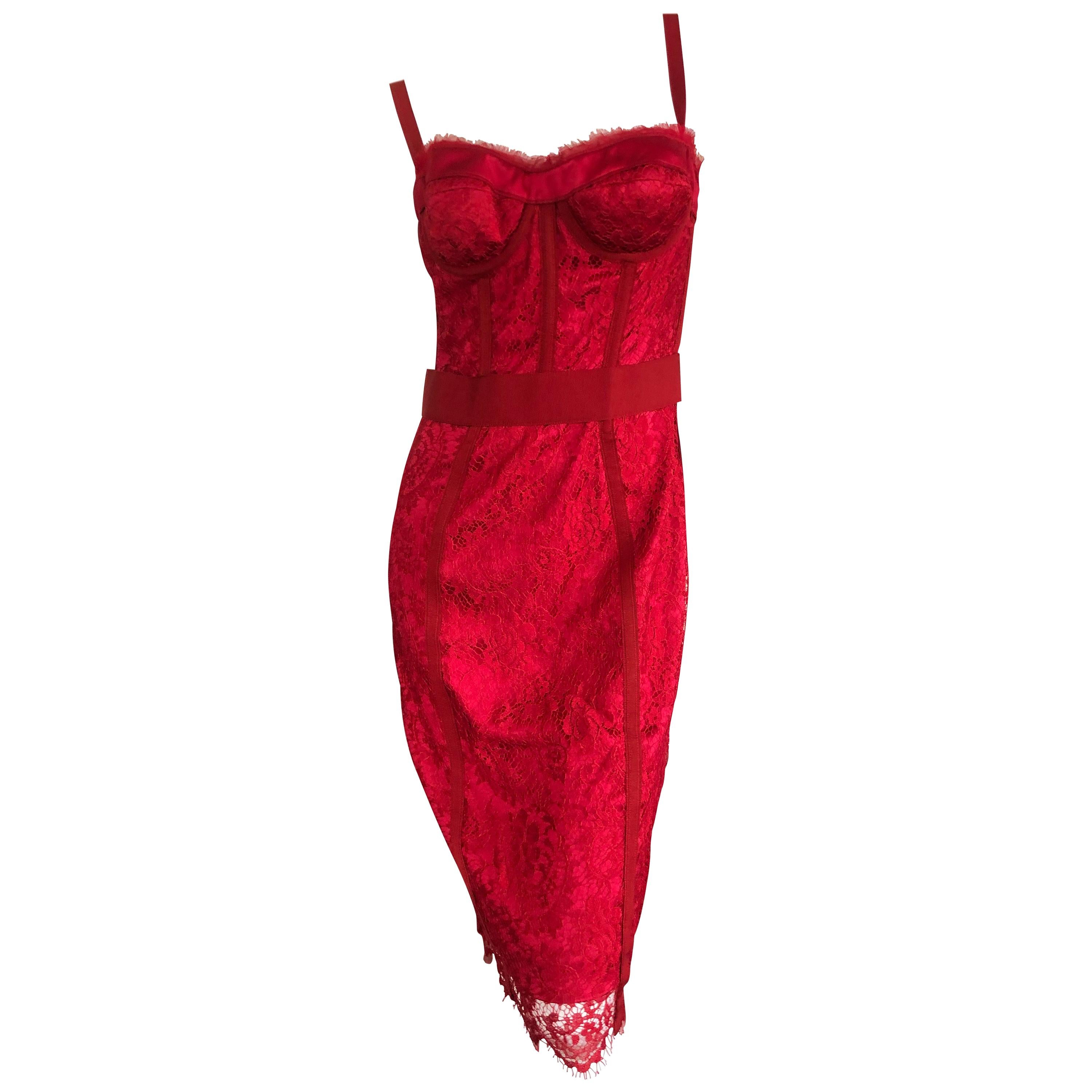 Dolce & Gabbana Vintage Red Lace Corset Cocktail Dress  For Sale