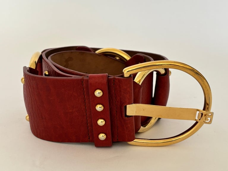 Vintage red/gold Dolce & Gabbana leather large belt Dolce and Gabbana Vintage Red Leather Belt with Gold DG Logo  main image 3
