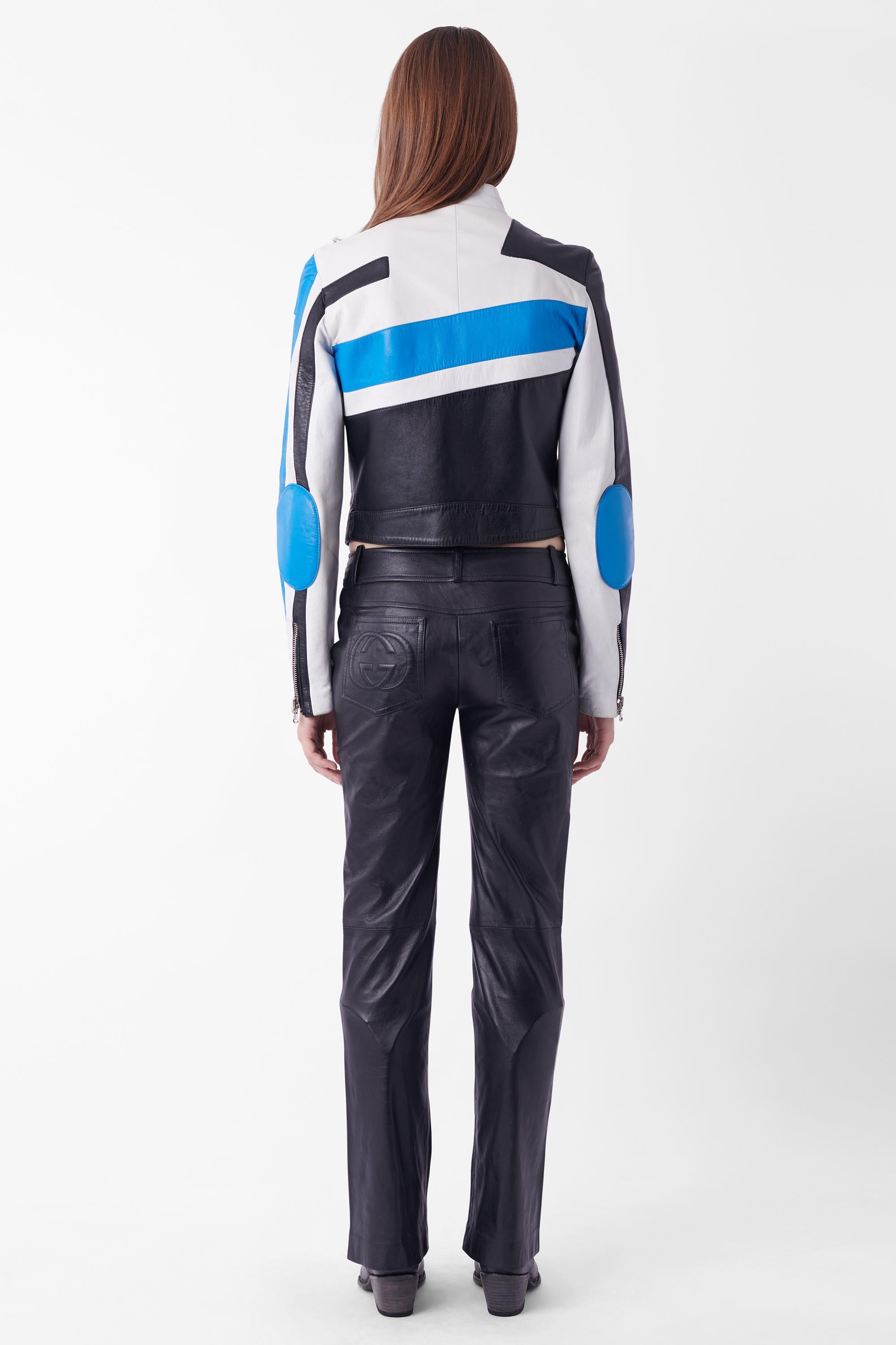 Dolce & Gabbana  Vintage S/S 2001 Runway Blue Leather Biker Jacket In Excellent Condition For Sale In London, GB