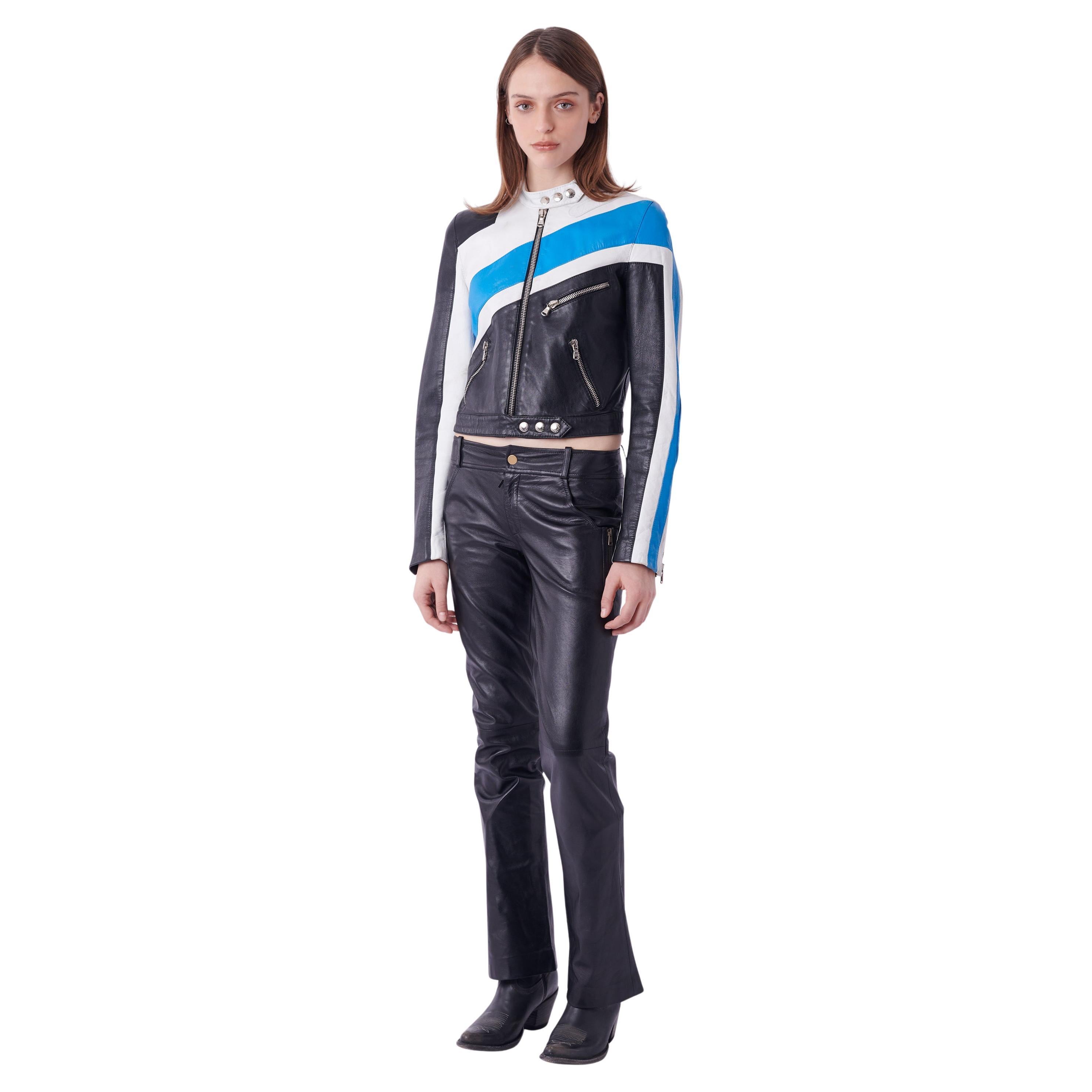 Dolce & Gabbana  Vintage S/S 2001 Runway Blue Leather Biker Jacket For Sale
