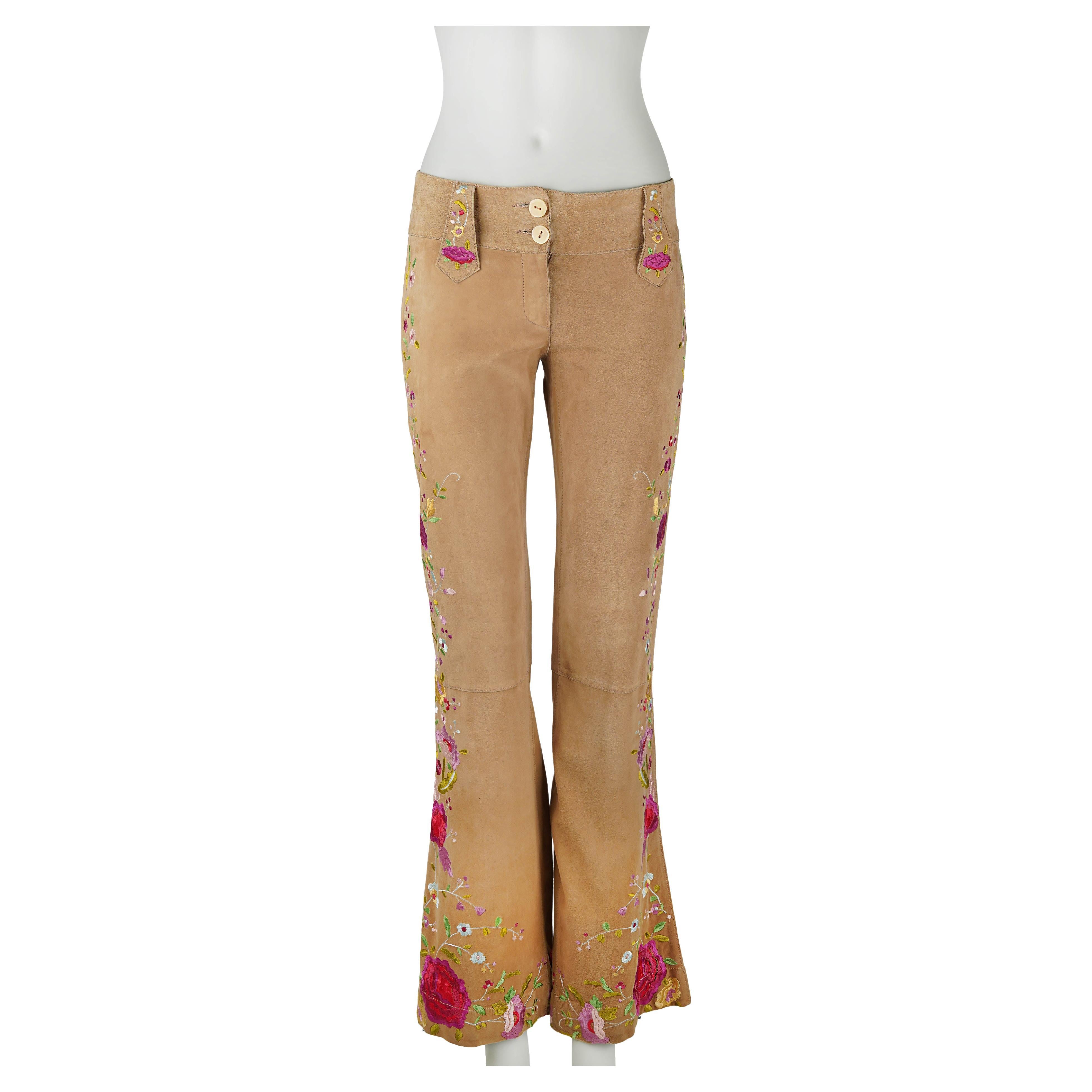 Dolce 
Gabbana Vintage S/S 2001 Tan Goat Leather Pants with Embroidery IT38 in vendita