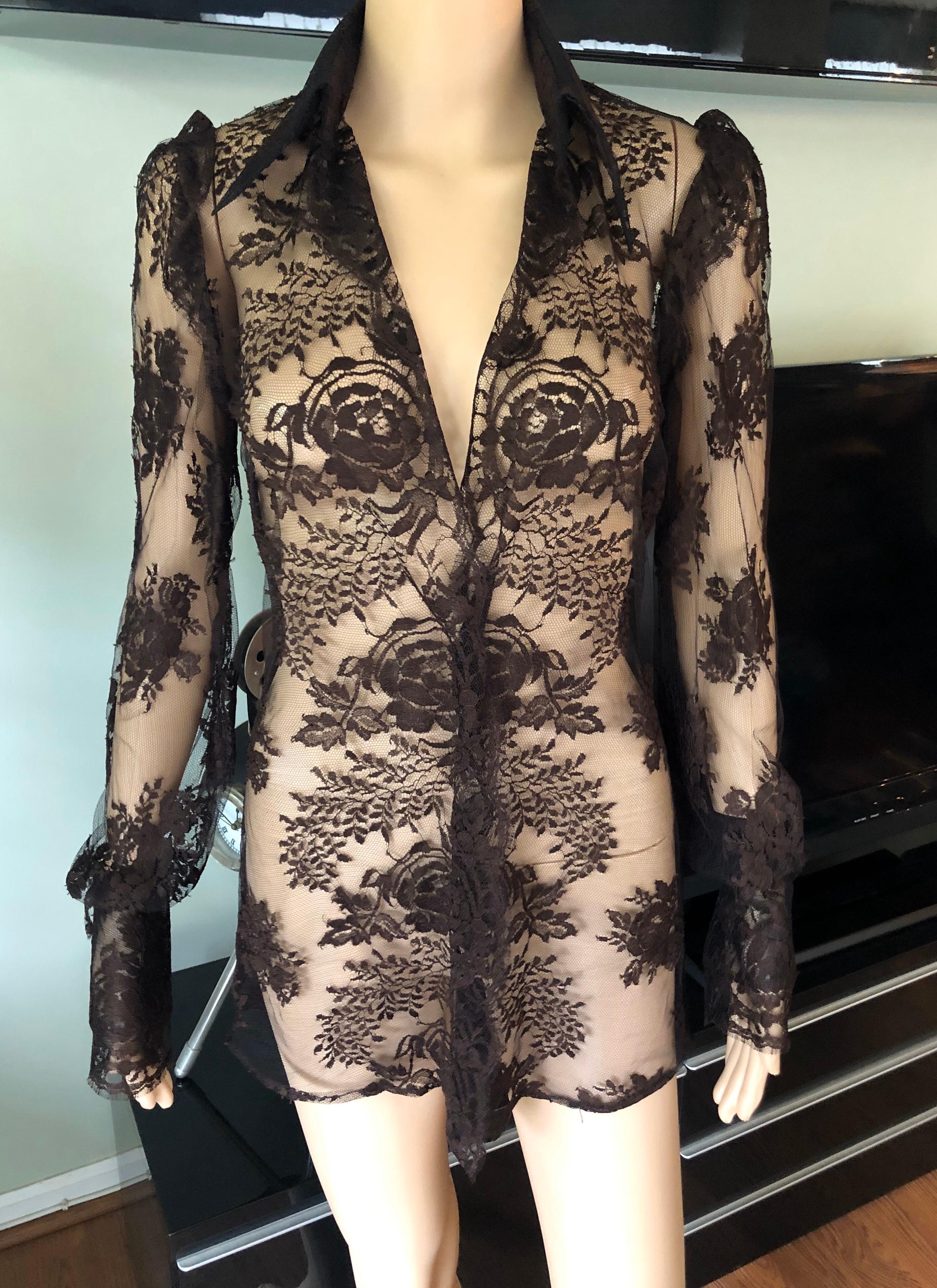 Black Dolce & Gabbana Vintage Sheer Lace Long Sleeve Brown Tunic Shirt Top