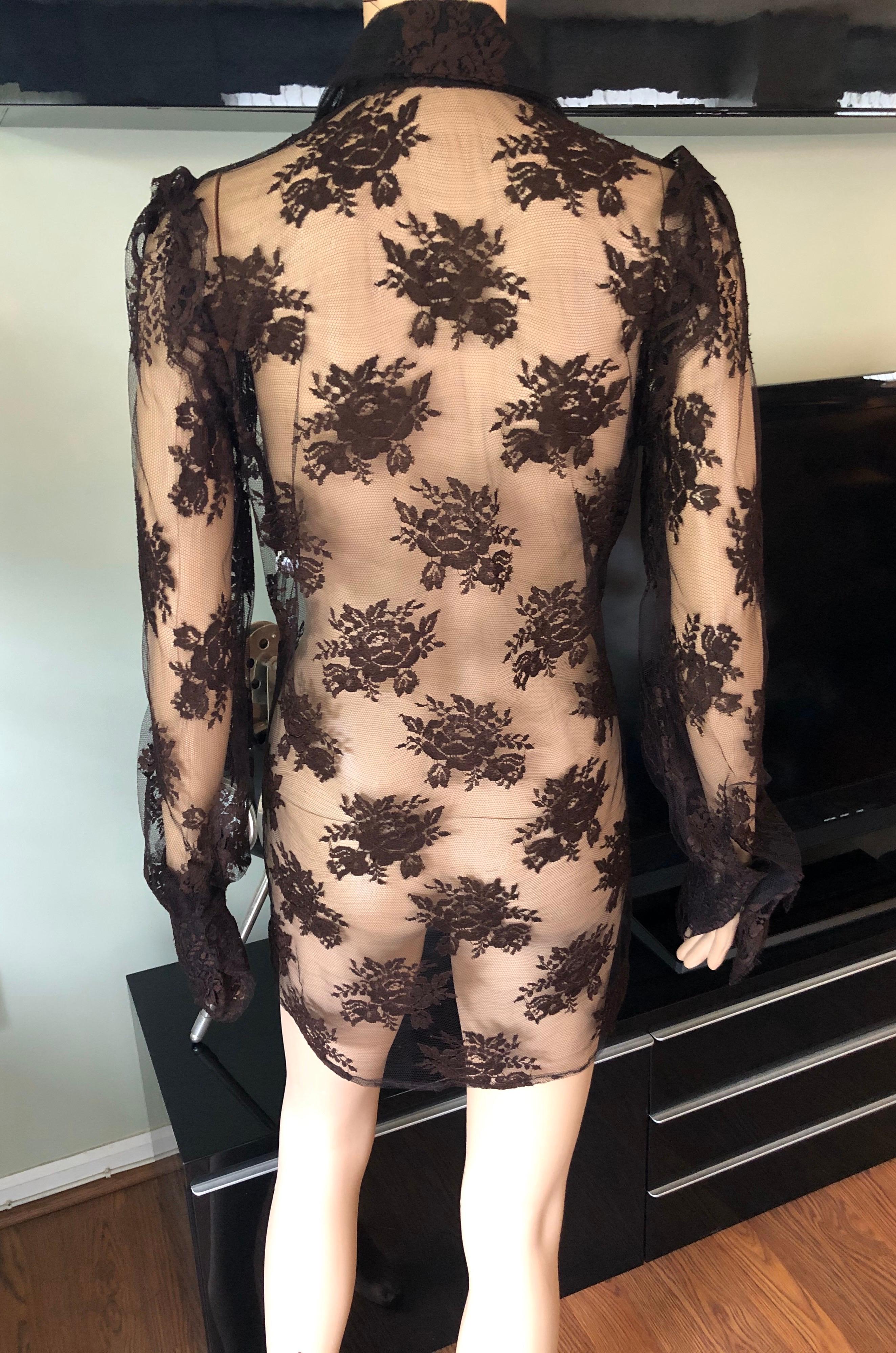 Women's Dolce & Gabbana Vintage Sheer Lace Long Sleeve Brown Tunic Shirt Top