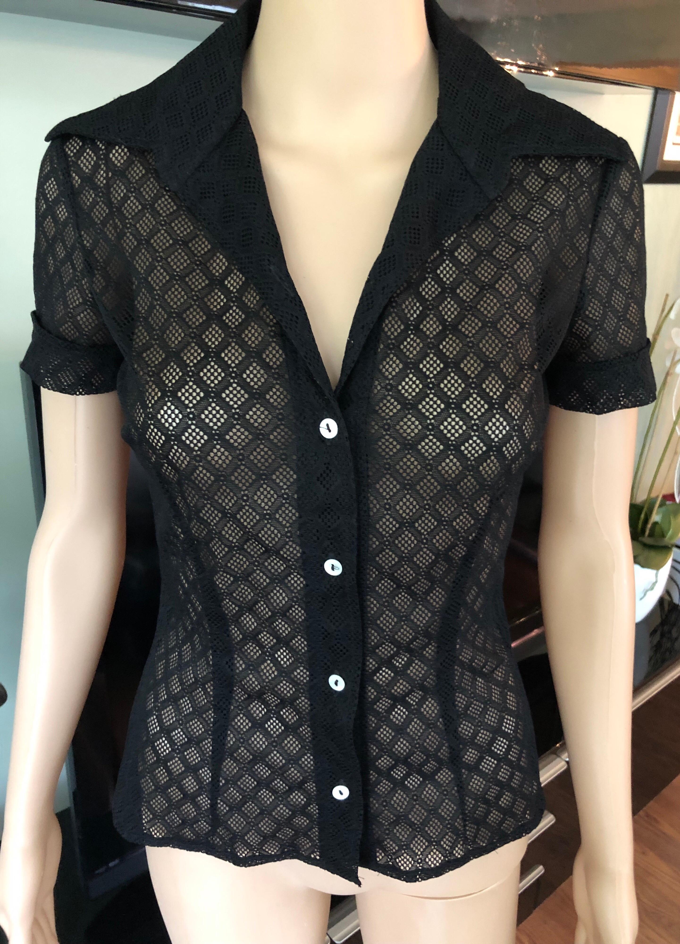 Dolce & Gabbana Vintage Sheer Mesh Lace Eyelet Button-Up Black Top Shirt  In Good Condition For Sale In Naples, FL
