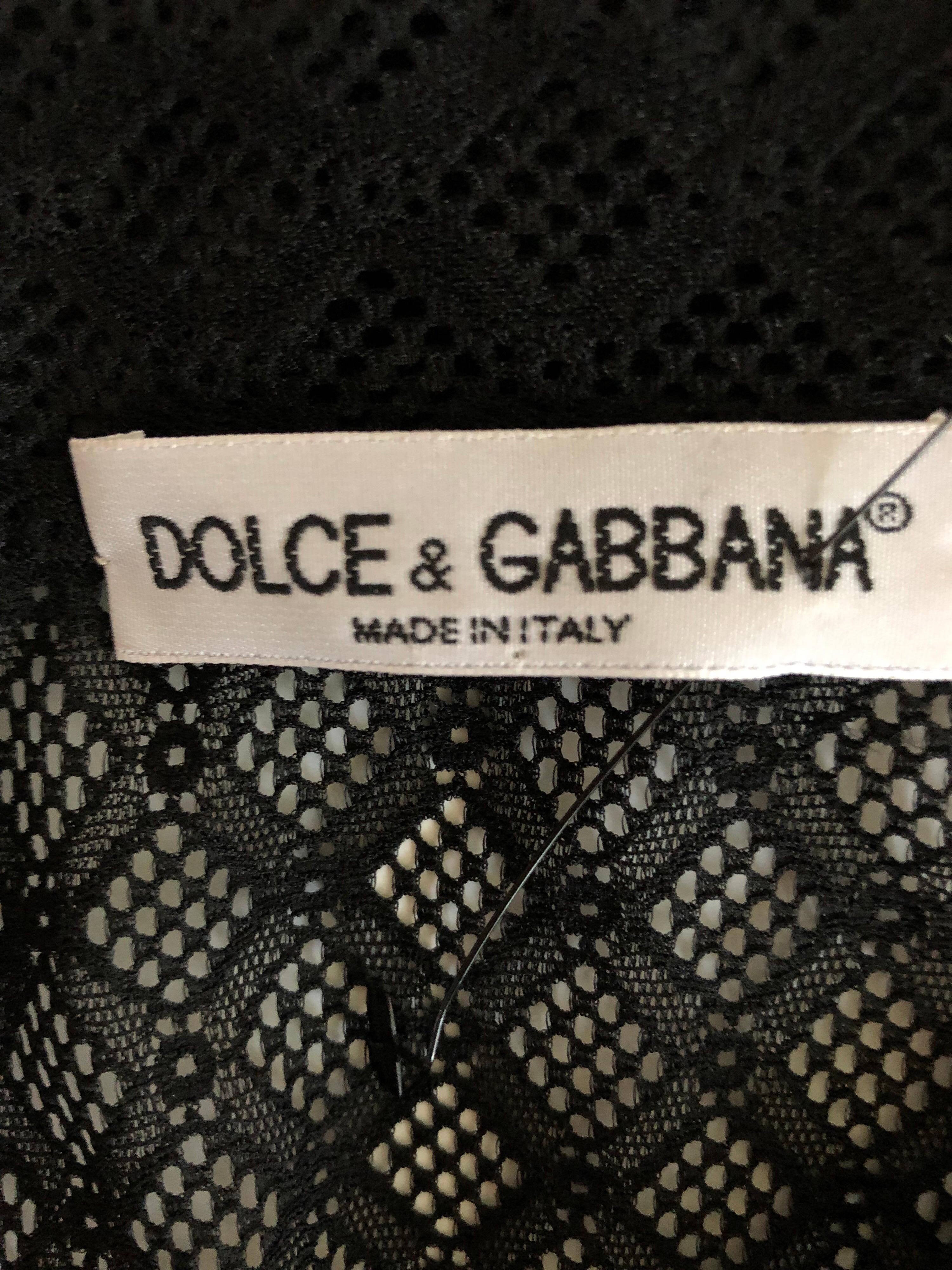 Dolce & Gabbana Vintage Sheer Mesh Lace Eyelet Button-Up Black Top Shirt  For Sale 1