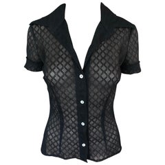 Dolce & Gabbana Vintage Sheer Mesh Lace Eyelet Button-Up Black Top Shirt