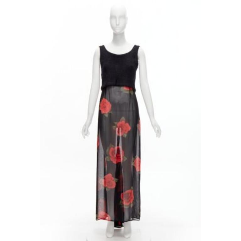 DOLCE GABBANA Vintage sheer red rose dress black cropped sweater vest set IT42 M For Sale 5