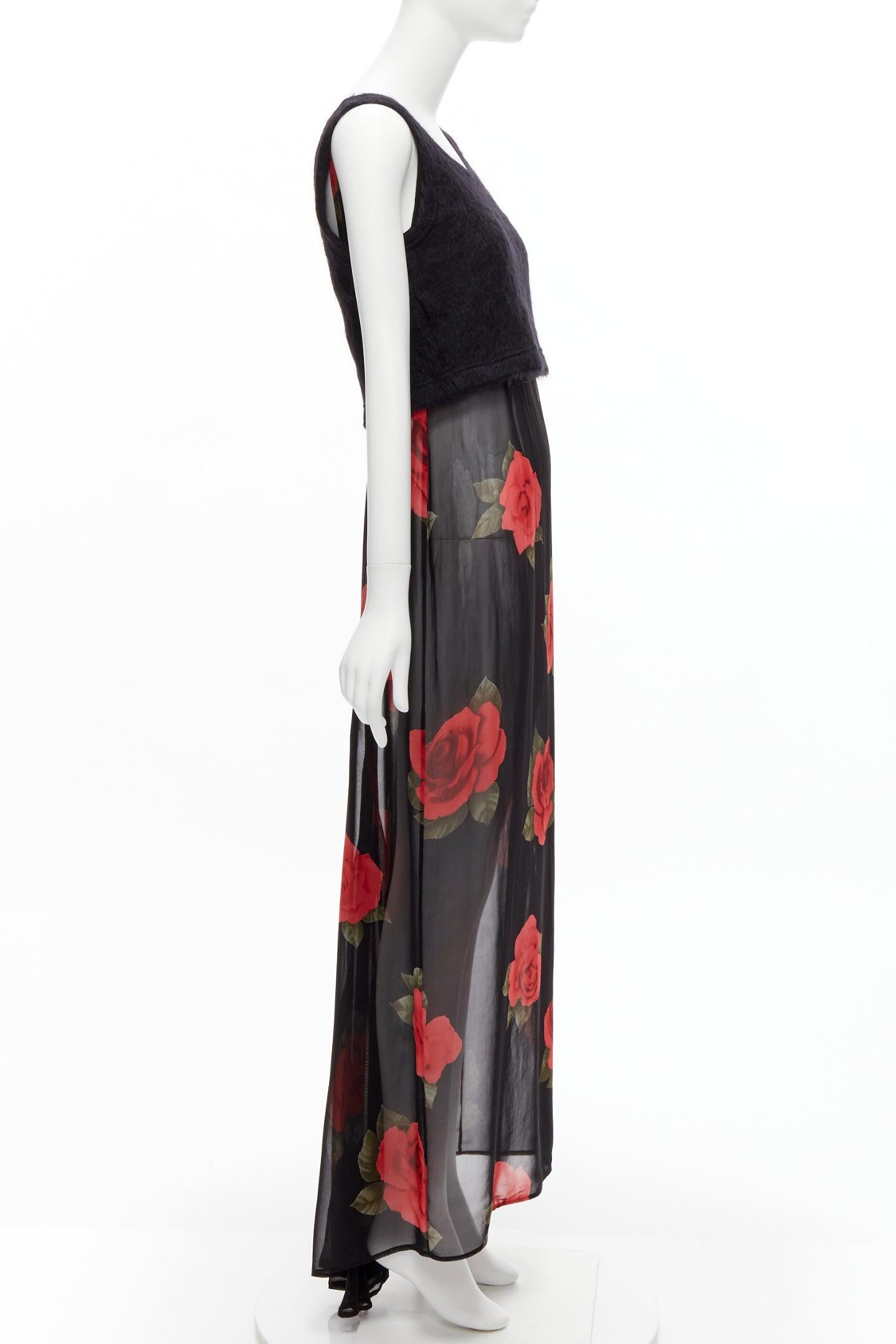 Women's DOLCE GABBANA Vintage sheer red rose dress black cropped sweater vest set IT42 M For Sale