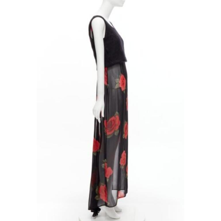 DOLCE GABBANA Vintage sheer red rose dress black cropped sweater vest set IT42 M In Excellent Condition For Sale In Hong Kong, NT