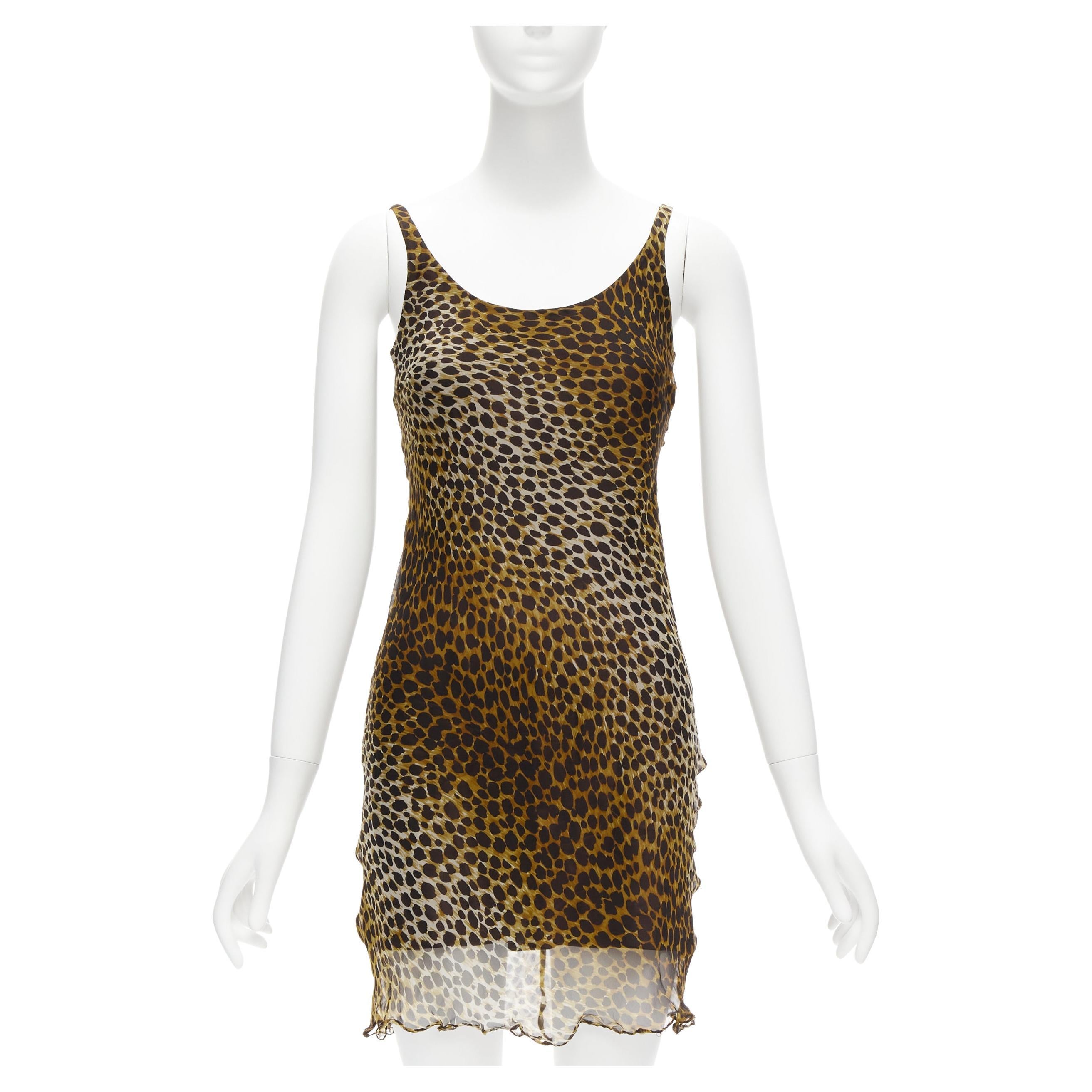 DOLCE GABBANA Vintage silk brown leopard print sheer sleeveless mini dress IT40