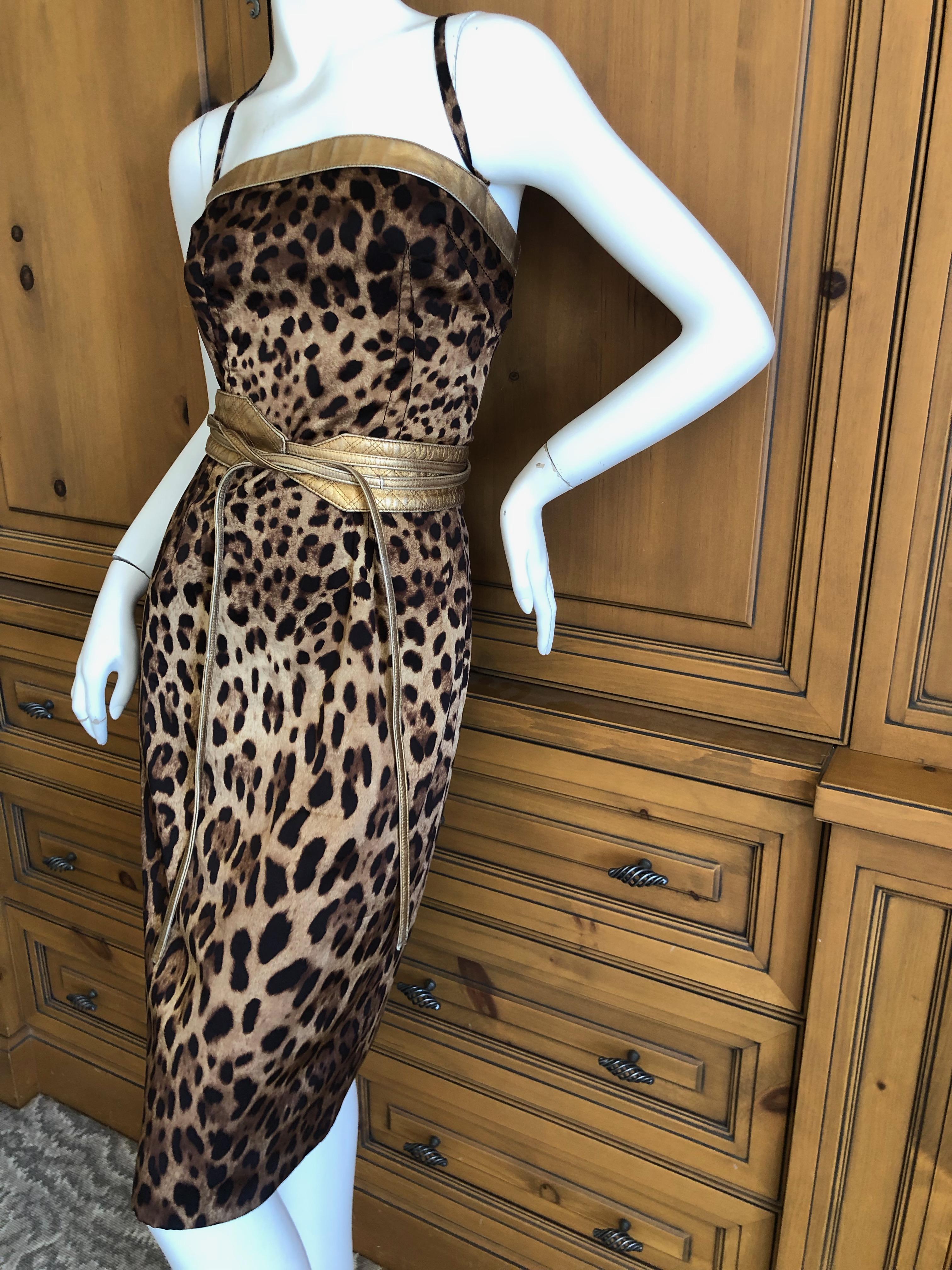 Gray Dolce & Gabbana Vintage Silk Leopard Print Silk Cocktail Dress Gold Leather Trim For Sale