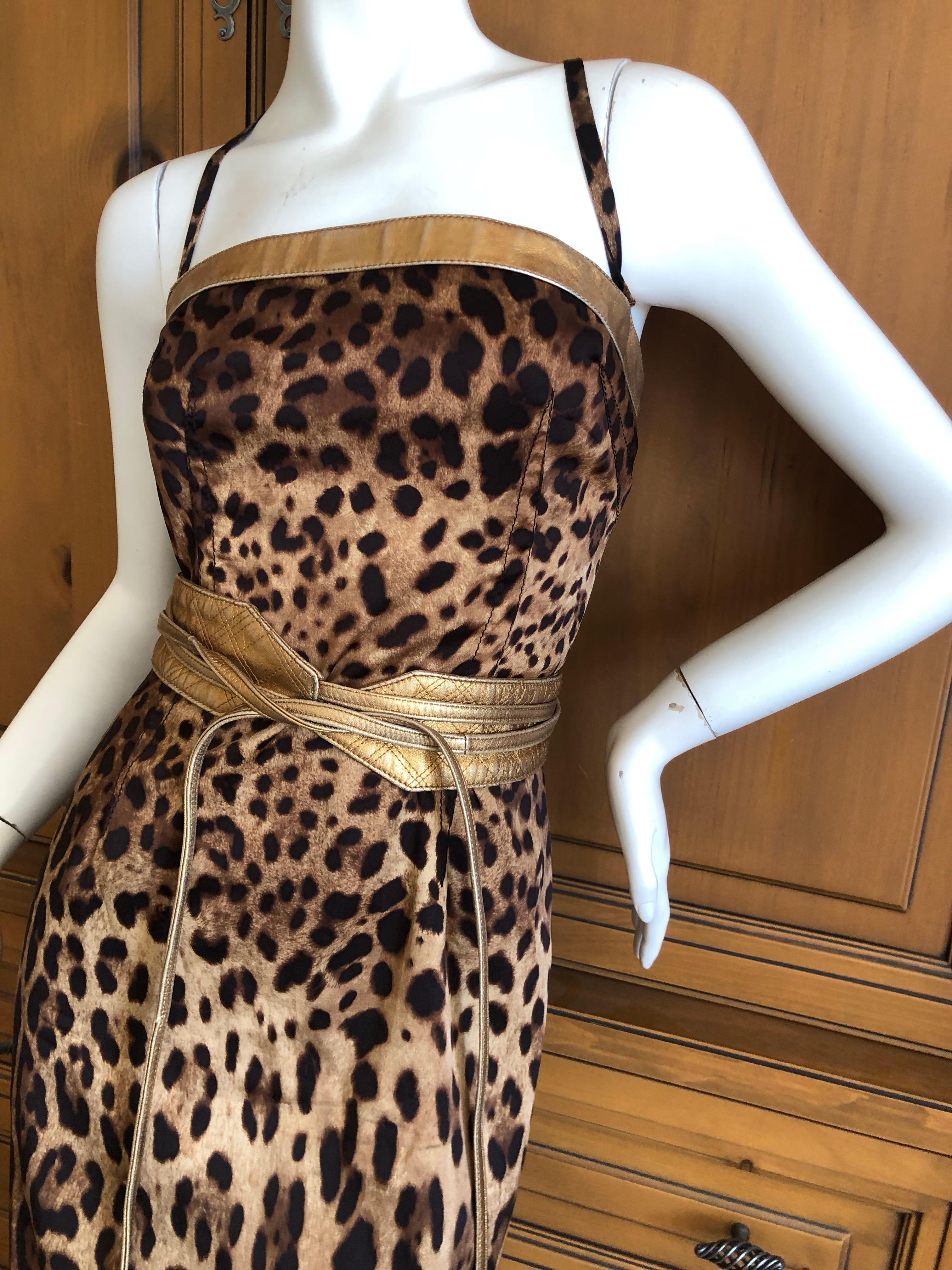 Dolce & Gabbana Vintage Silk Leopard Print Silk Cocktail Dress Gold Leather Trim In Good Condition For Sale In Cloverdale, CA