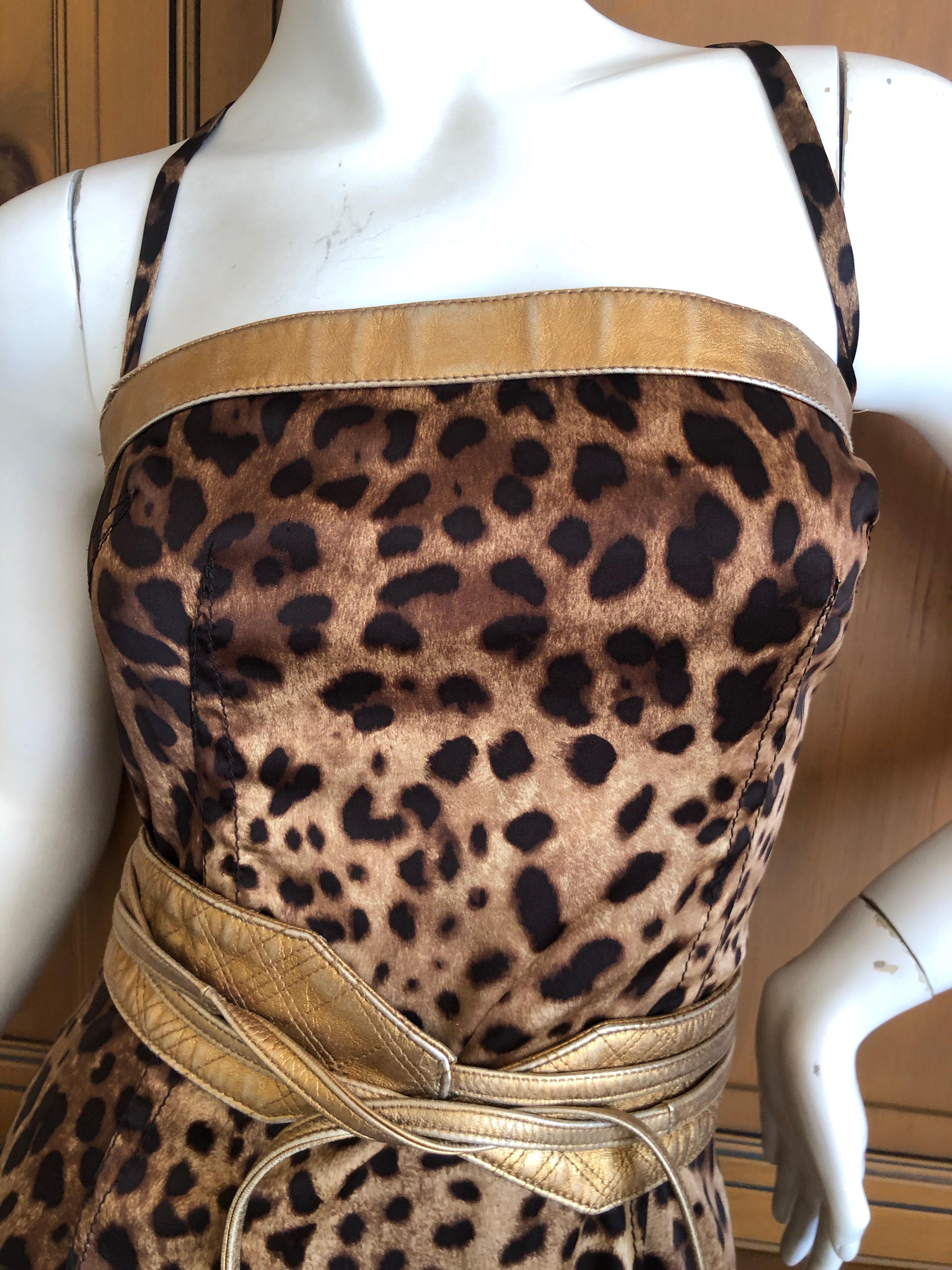 Women's Dolce & Gabbana Vintage Silk Leopard Print Silk Cocktail Dress Gold Leather Trim For Sale