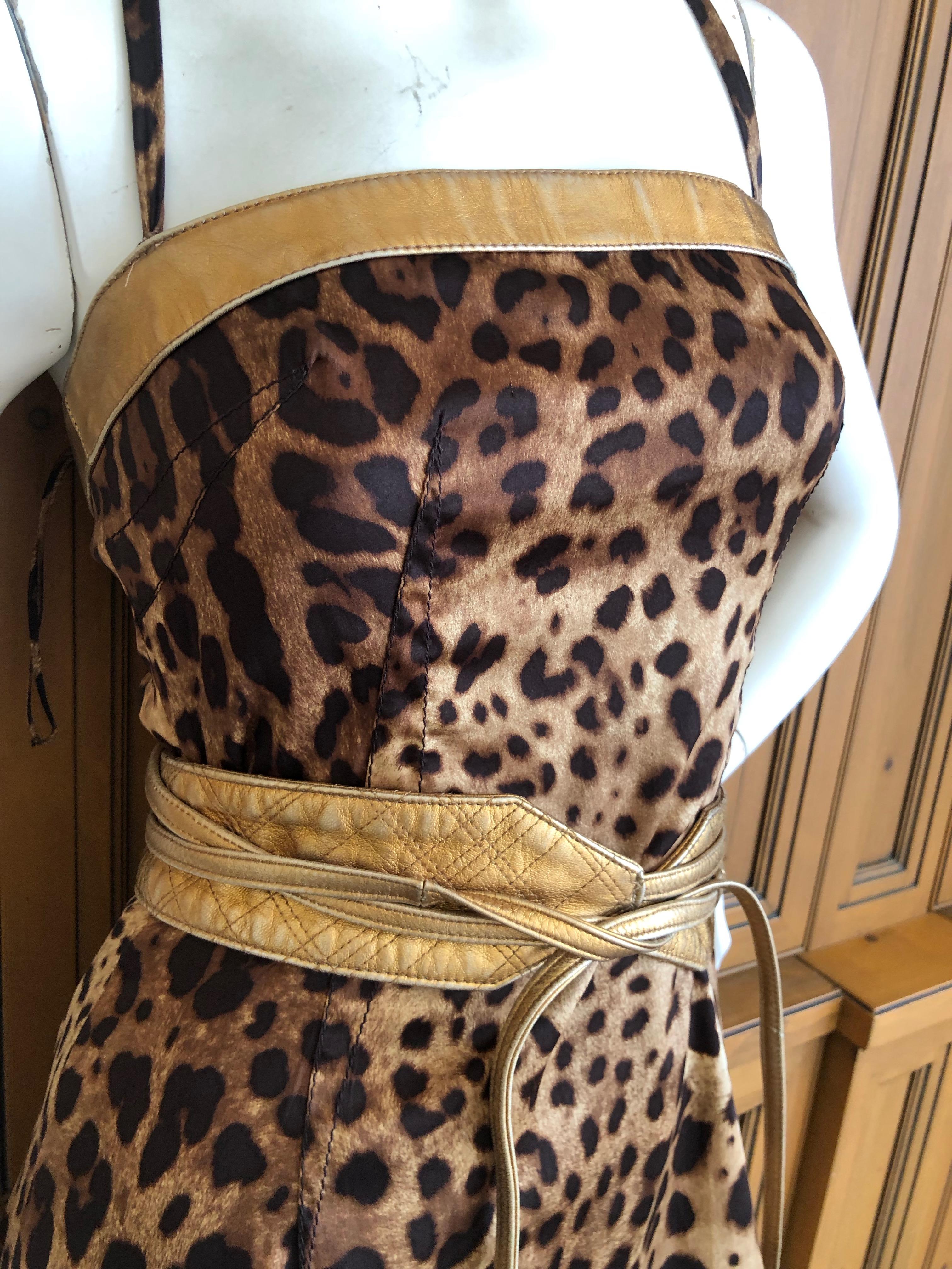Dolce & Gabbana Vintage Silk Leopard Print Silk Cocktail Dress Gold Leather Trim For Sale 1