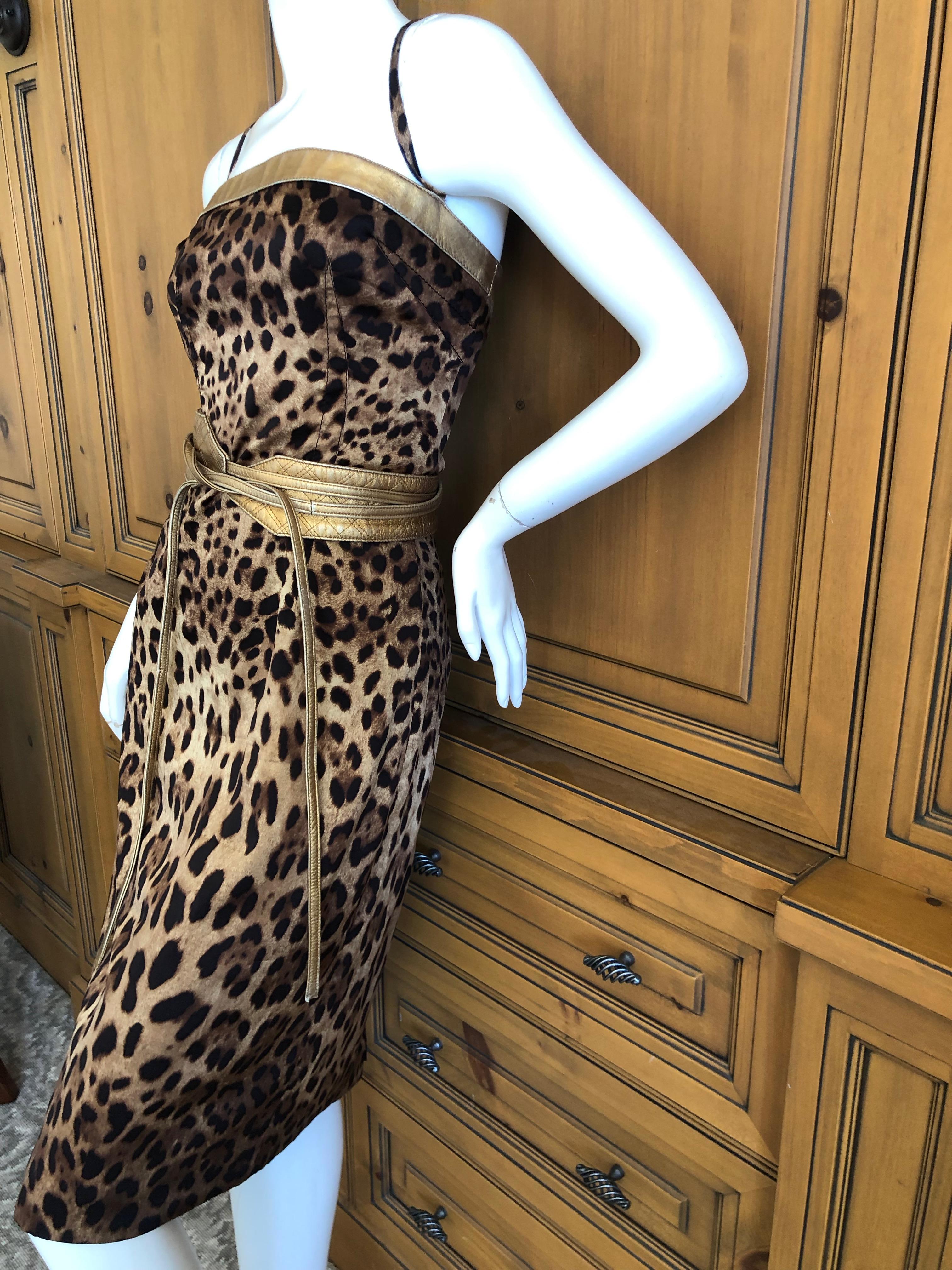 Dolce & Gabbana Vintage Silk Leopard Print Silk Cocktail Dress Gold Leather Trim For Sale 2