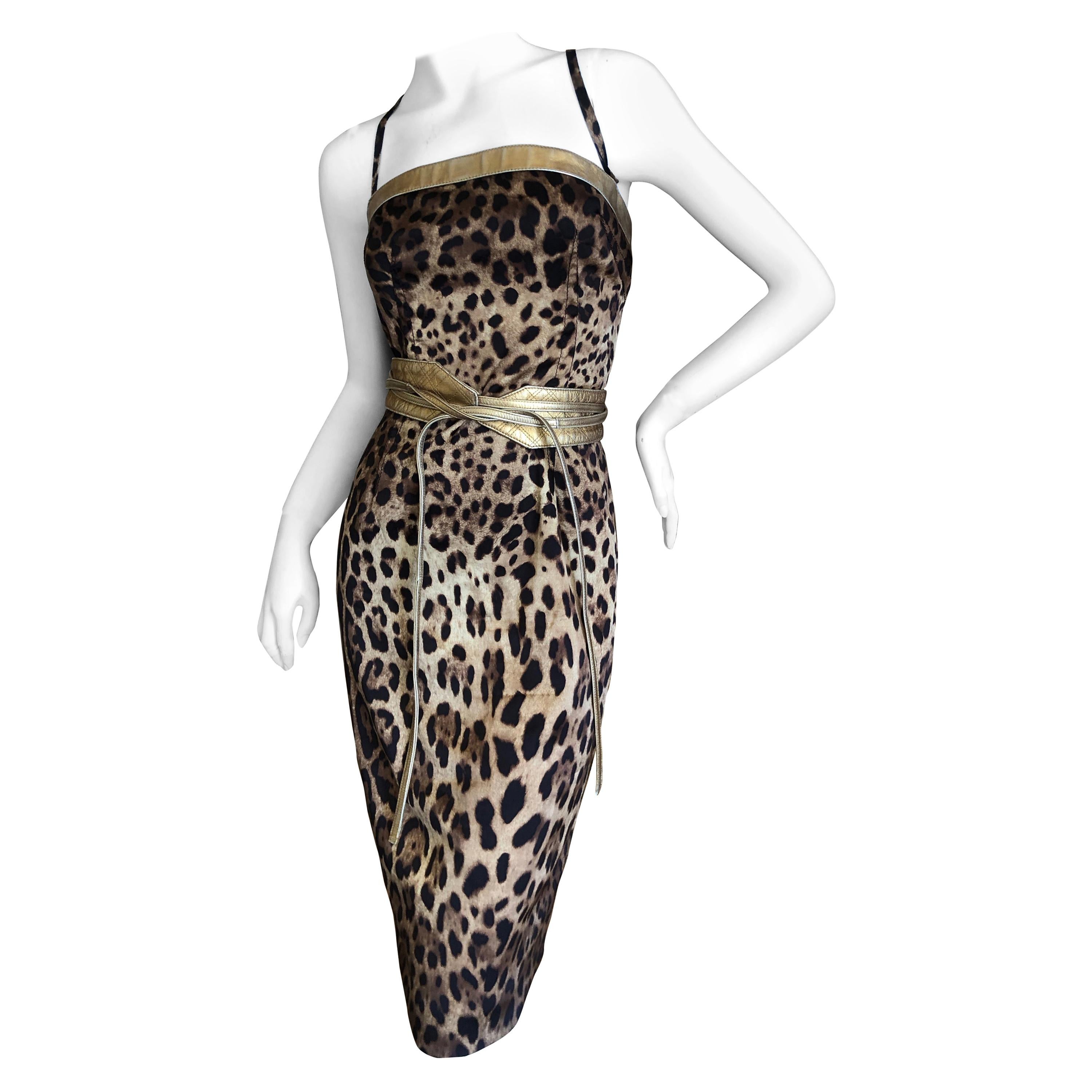 Dolce & Gabbana Vintage Silk Leopard Print Silk Cocktail Dress Gold Leather Trim For Sale