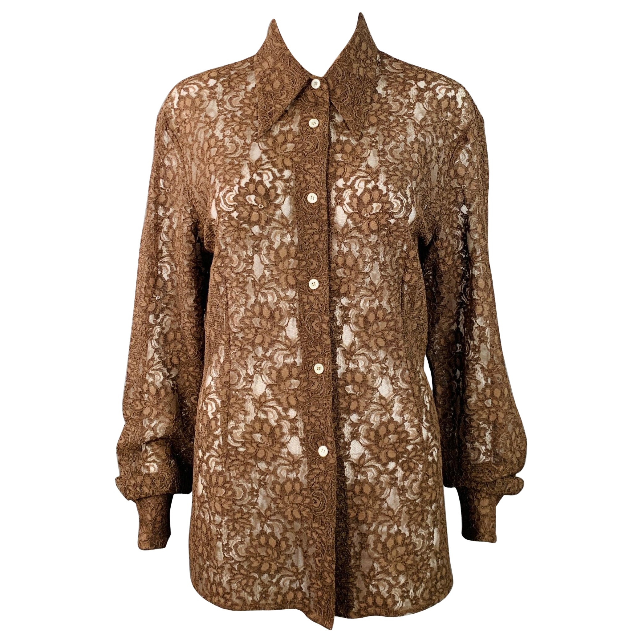 DOLCE & GABBANA Vintage Size L Brown Rayon Blend Lace Pointed Collar Shirt