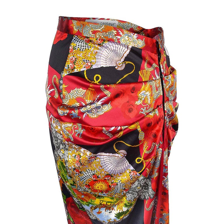 Dolce and Gabbana Vintage Skirt Exotic Asian Print Dragons Fans Roses ...