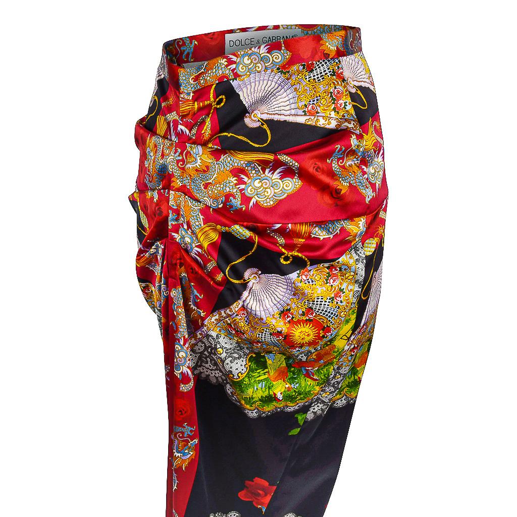 Women's Dolce & Gabbana Vintage Skirt Exotic Asian Print Dragons Fans Roses 40 / 6